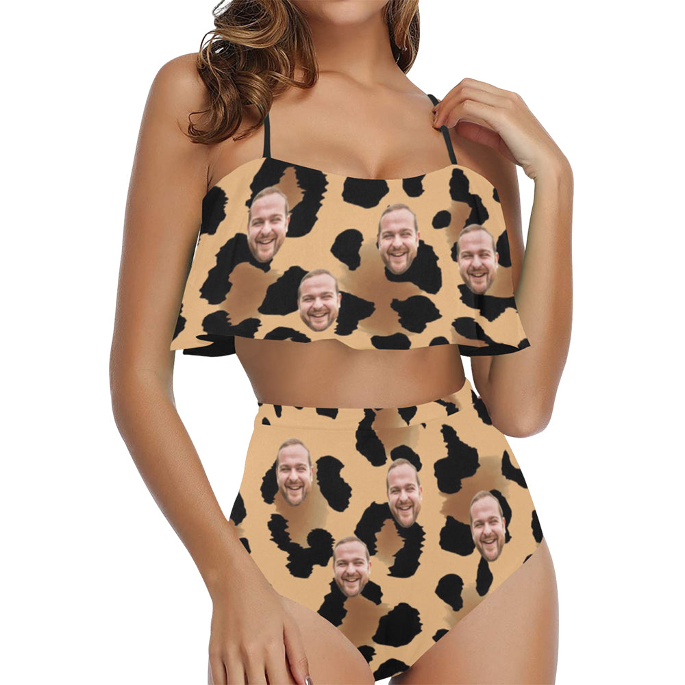 Custom Leopard Face Swimsuit | Unique Women's Two Piece High Waisted Ruffle Bikini Birthday Gifts
