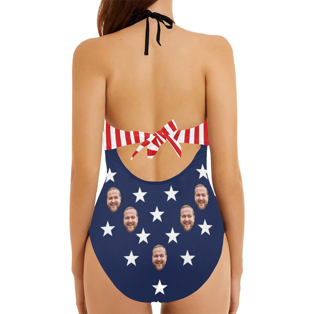 Custom Face USA Flag Swimsuit | Personalized Women's Backless Bow One Piece Bathing Suit For Memorial Day