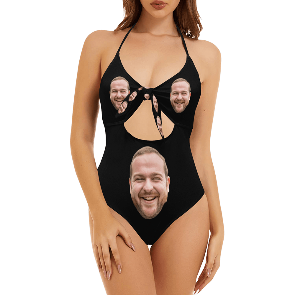 Custom Face Swimsuit | Personalized Women's Backless Bow One Piece Bathing Suit Celebrate Holiday