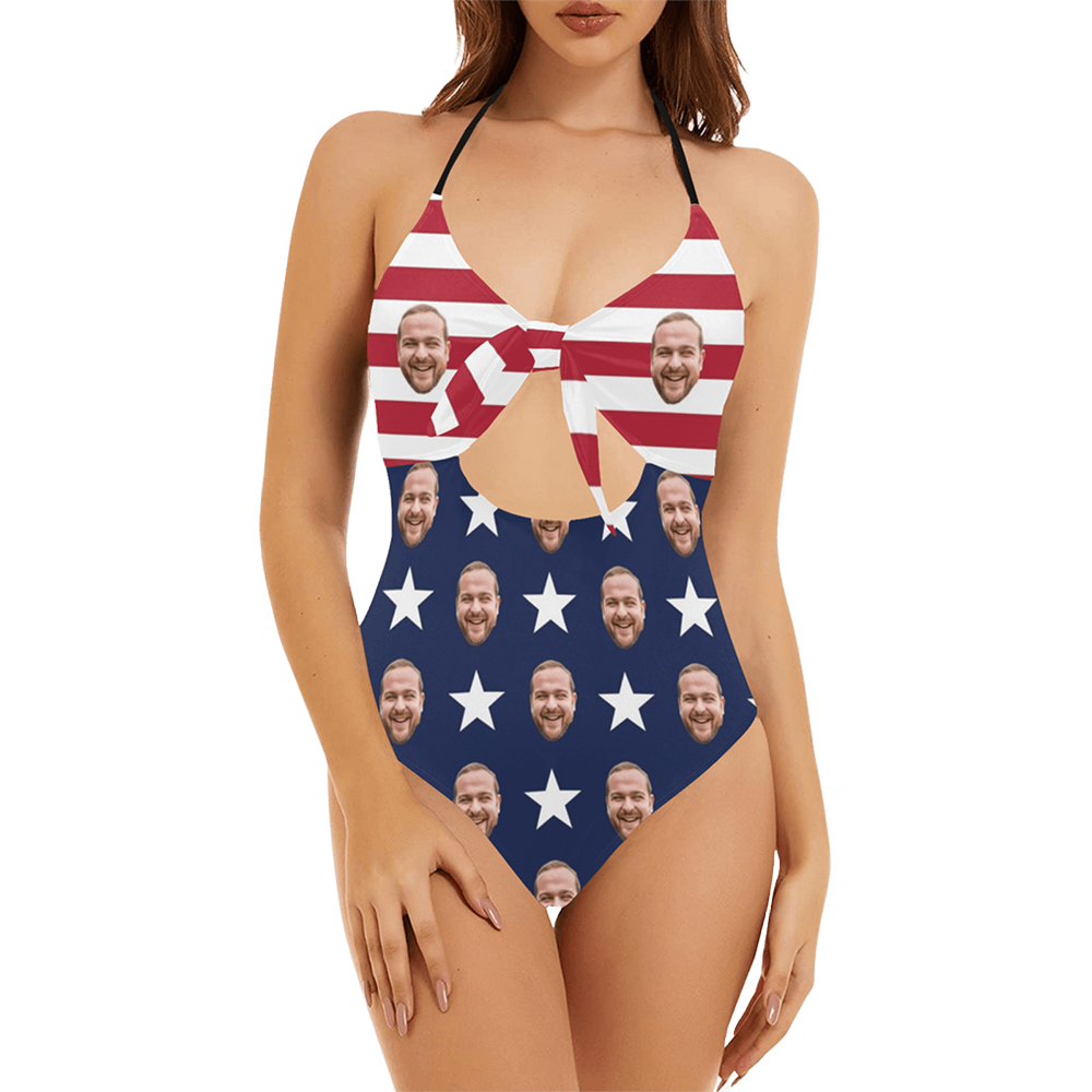 Custom America Flag Face Swimsuit | Personalized Women's Backless Bow One Piece Bathing Suit For Holiday Party