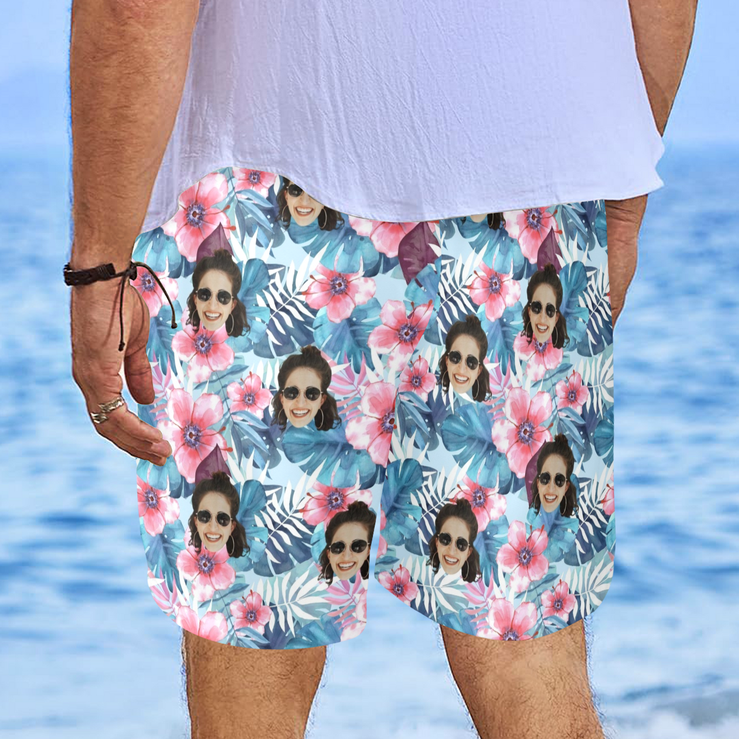 Custom Face Blue Leaves Beach Shorts | Personalized Photo Men's Elastic Swim Trunks For Boat Trip