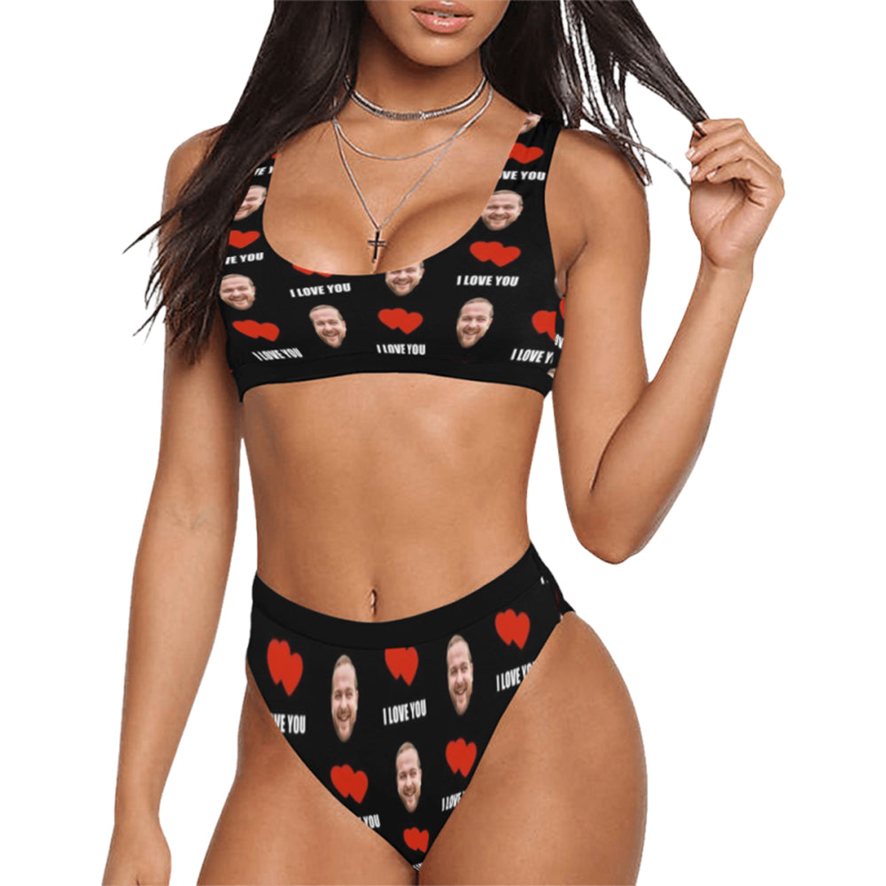 Custom Face I Love You Swimsuit | Personalized Women's Scoop Neck Sport Top High Waisted Bikini Couple Prank Gifts