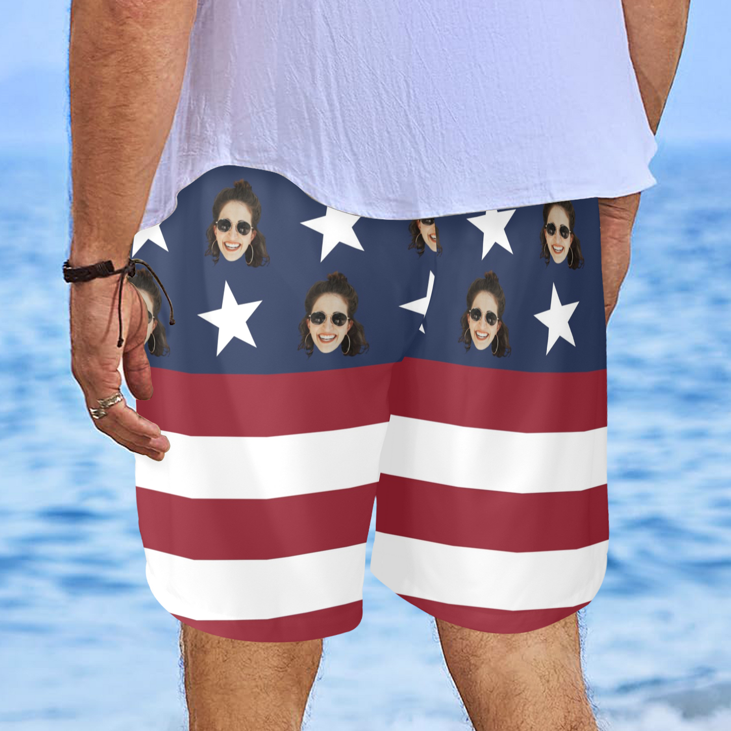 Custom Face National Flag Beach Shorts | Personalized Photo Men's Elastic Swim Trunks For Memorial Day