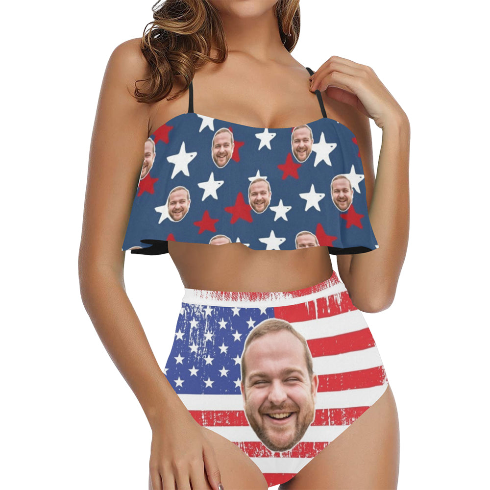 Custom Grunge American Flag Face Swimsuit | Unique Women's Two Piece High Waisted Ruffle Bikini Independence Day