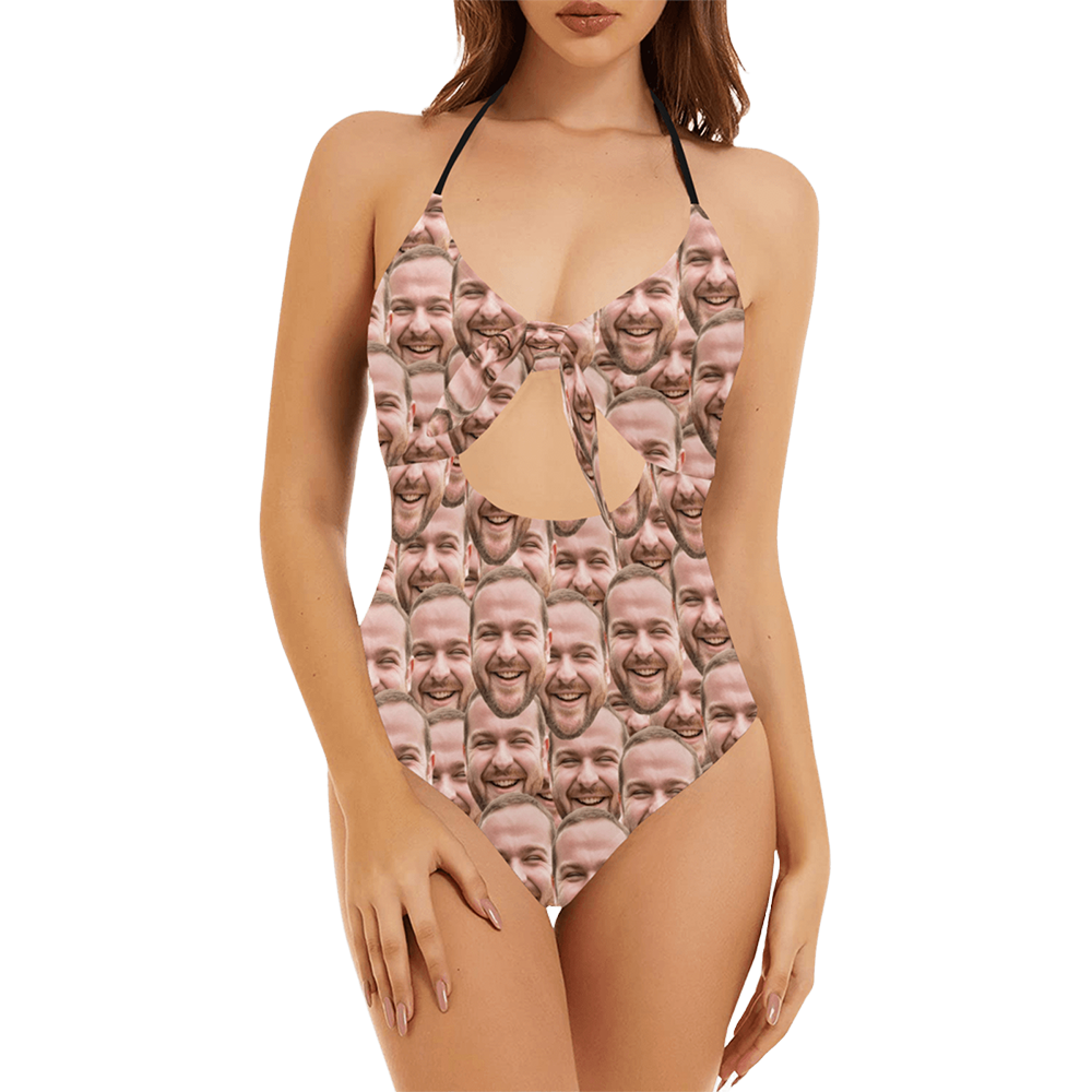 Custom Dense Face Swimsuit | Personalized Women's Backless Bow One Piece Bathing Suit Husband Prank