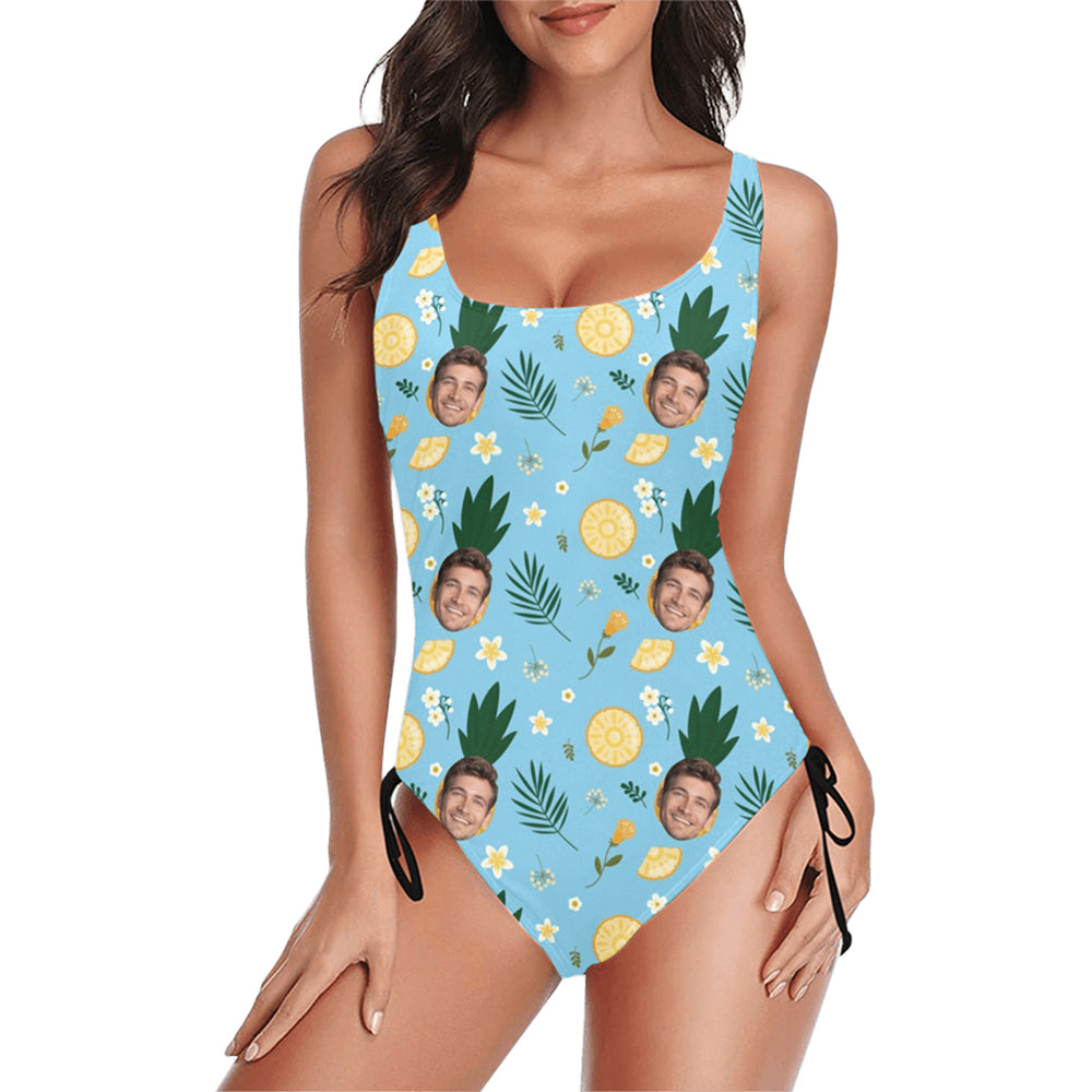 Custom Pineapple Face Blue Swimsuit | Unique Women's New Drawstring Side One Piece Swimwear For Vacation