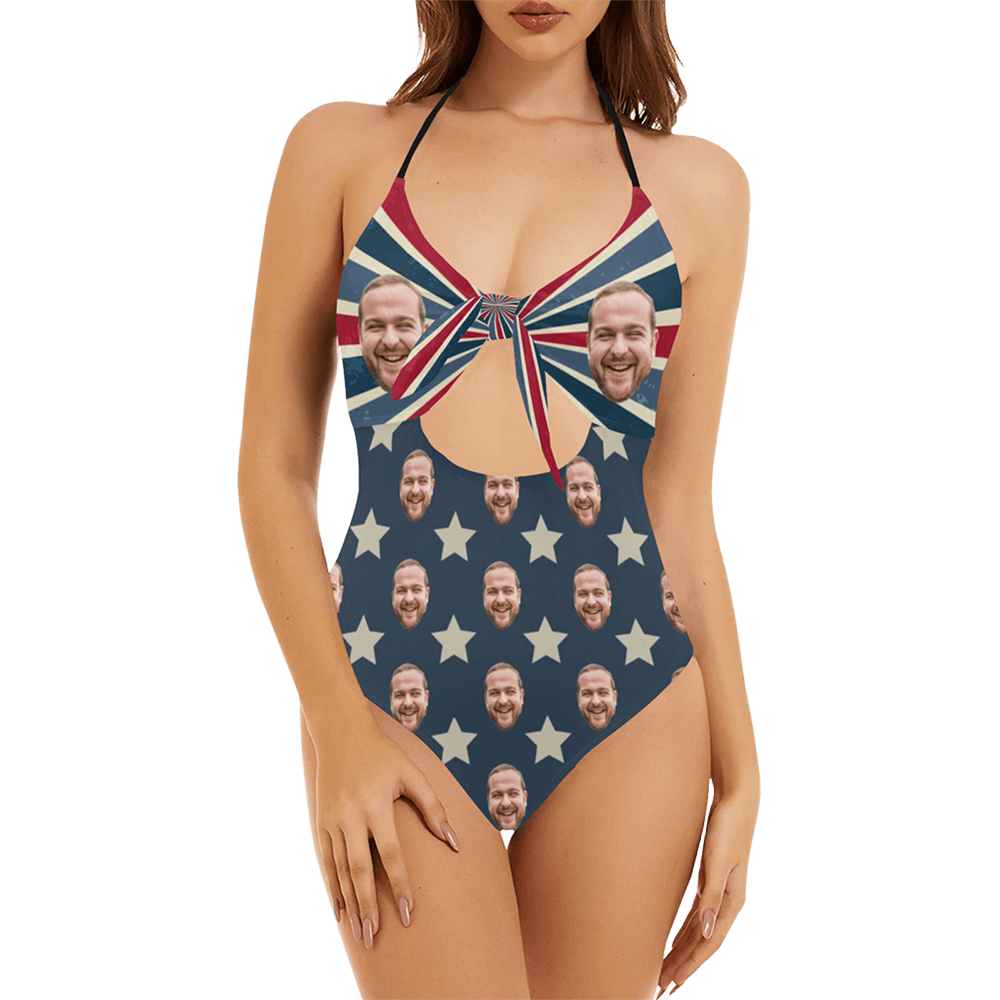 Custom Face Retro Flag Swimsuit | Personalized Women's Backless Bow One Piece Bathing Suit