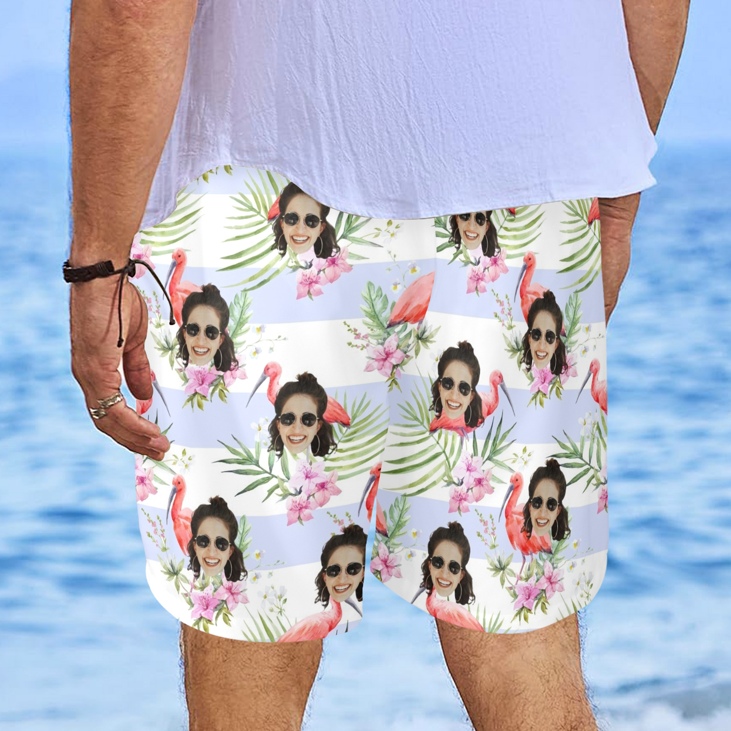 Custom Face Pink Flamingo Beach Shorts | Personalized Photo Men's Elastic Swim Trunks Birthday Gift