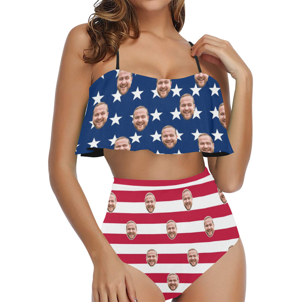 Custom American Flag Face Swimsuit | Unique Women's Two Piece High Waisted Ruffle Bikini For July 4th