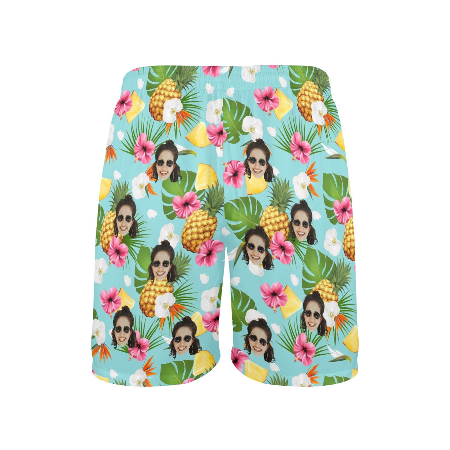 Custom Face Pineapple Flowers Beach Shorts | Personalized Photo Men's Elastic Swim Trunks Anniversary Gift