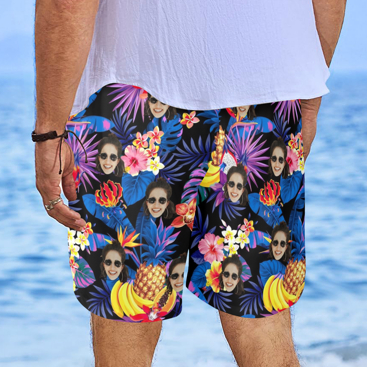 Custom Face Tropical Fruit Beach Shorts | Personalized Photo Men's Elastic Swim Trunks For Holiday Traveling