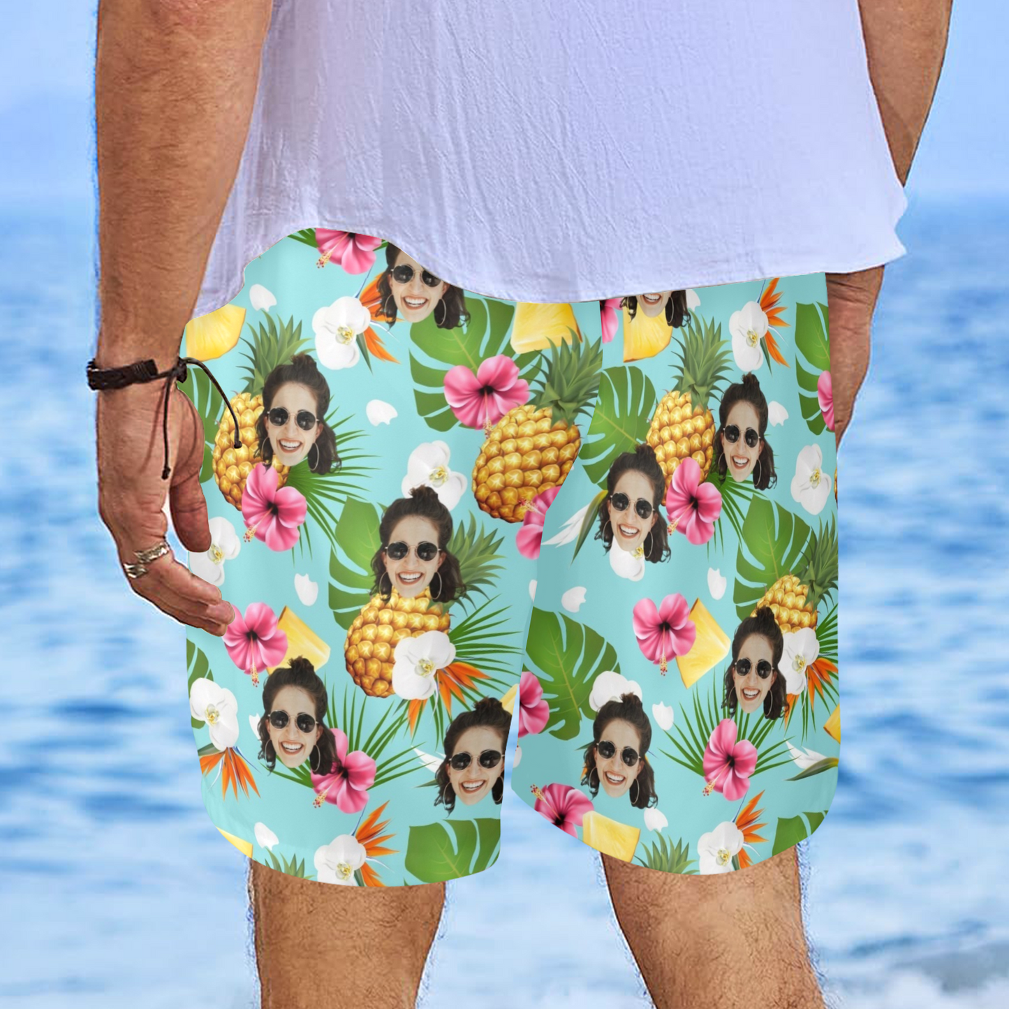 Custom Face Pineapple Flowers Beach Shorts | Personalized Photo Men's Elastic Swim Trunks Anniversary Gift