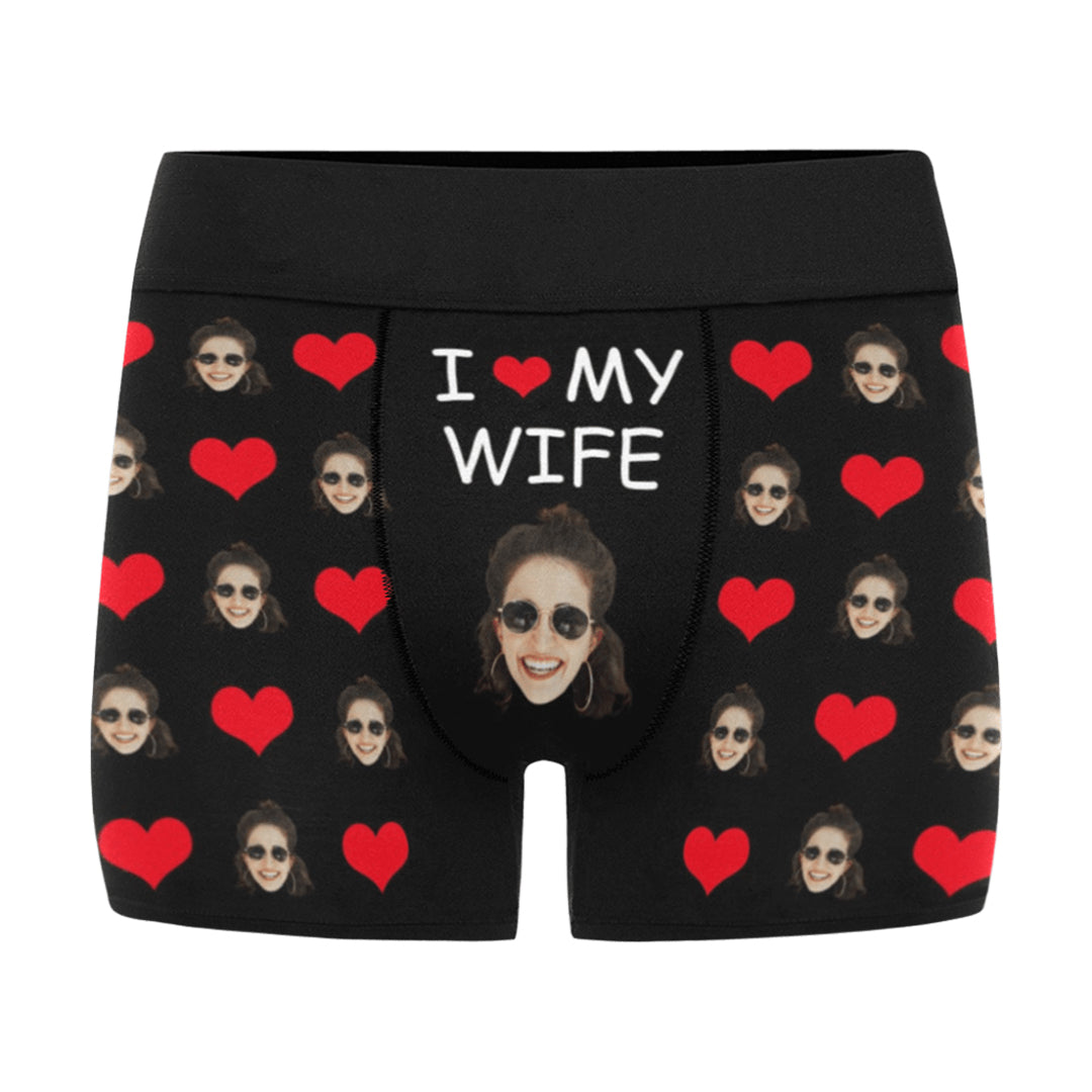 Custom I Love My Wife Face Underwear | Personalized Photo Men's Boxer Briefs For Birthday Gifts