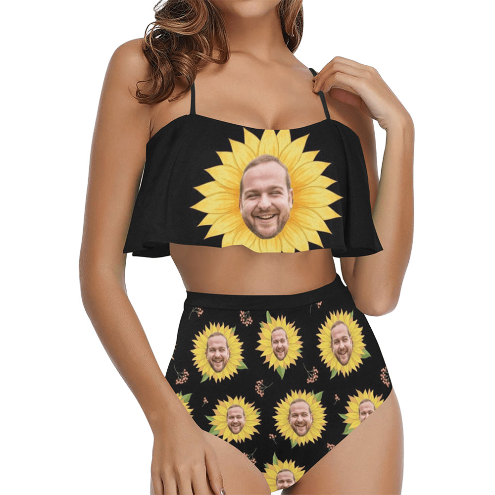 Custom Funny Sunflower Face Swimsuit | Unique Women's Two Piece High Waisted Ruffle Bikini Prank Gifts