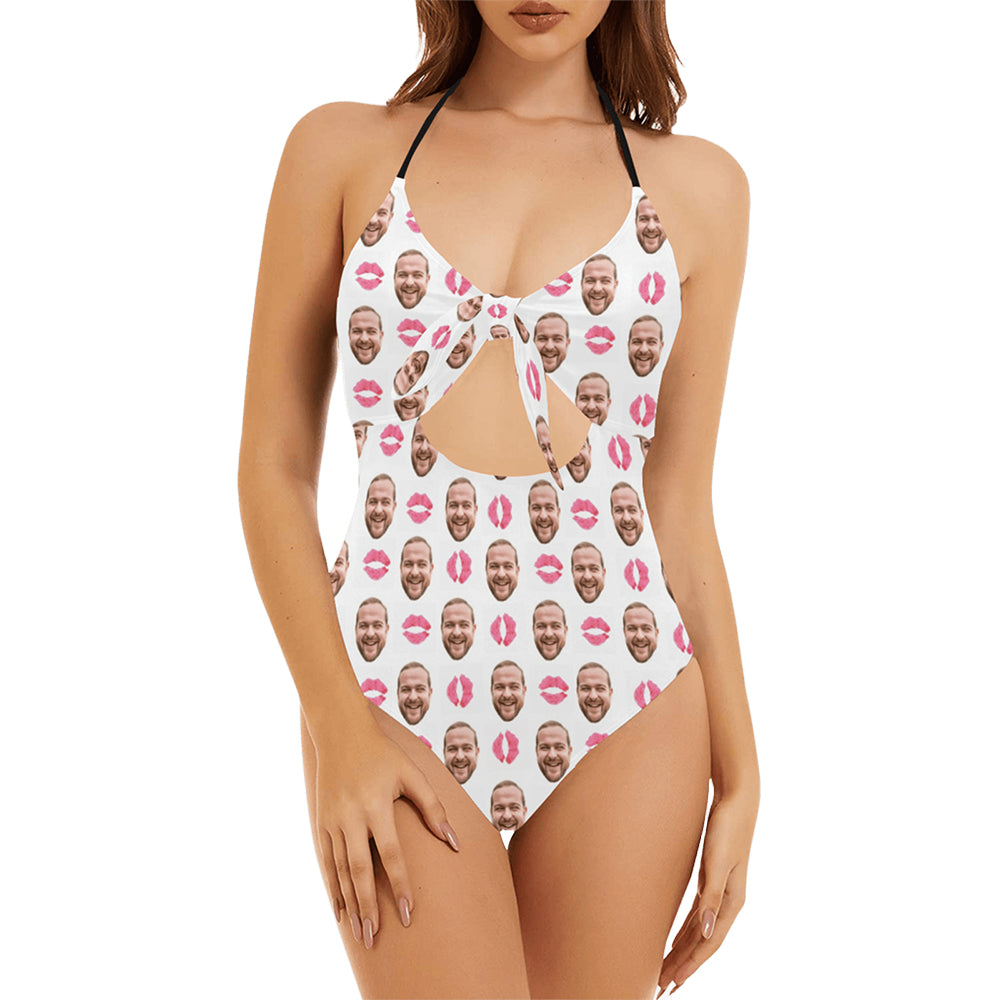 Custom Pink Lip Face Swimsuit | Personalized Women's Backless Bow One Piece Bathing Suit Birthday Gift