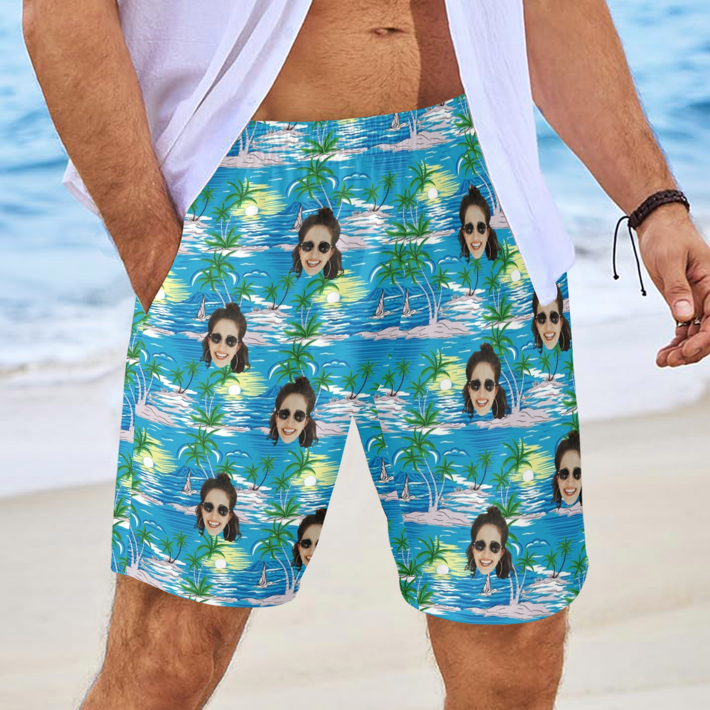 Custom Face Blue Sea And Island Beach Shorts | Personalized Photo Men's Elastic Swim Trunks For Husband