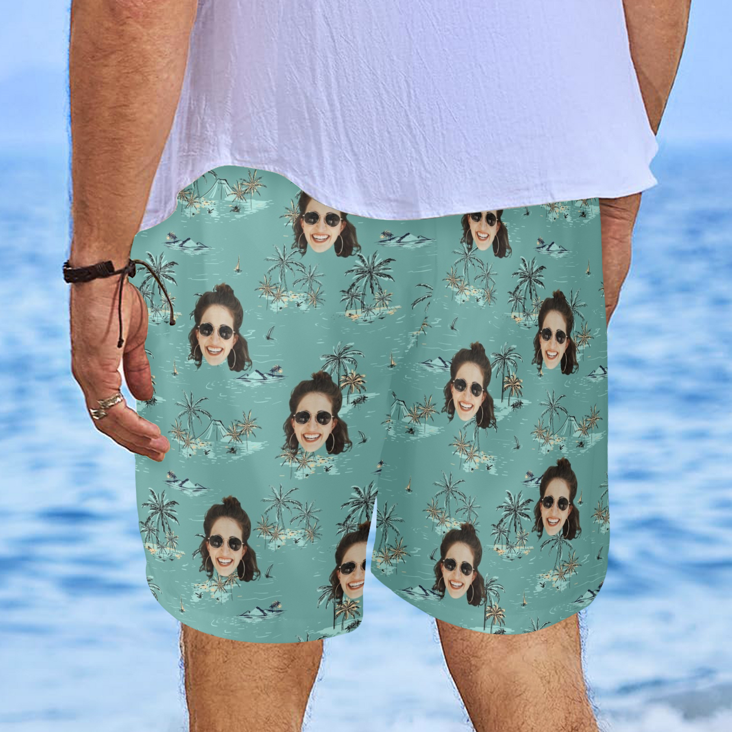 Custom Face Coconut Tree&Island Beach Shorts | Personalized Photo Men's Elastic Swim Trunks For Holiday Trip