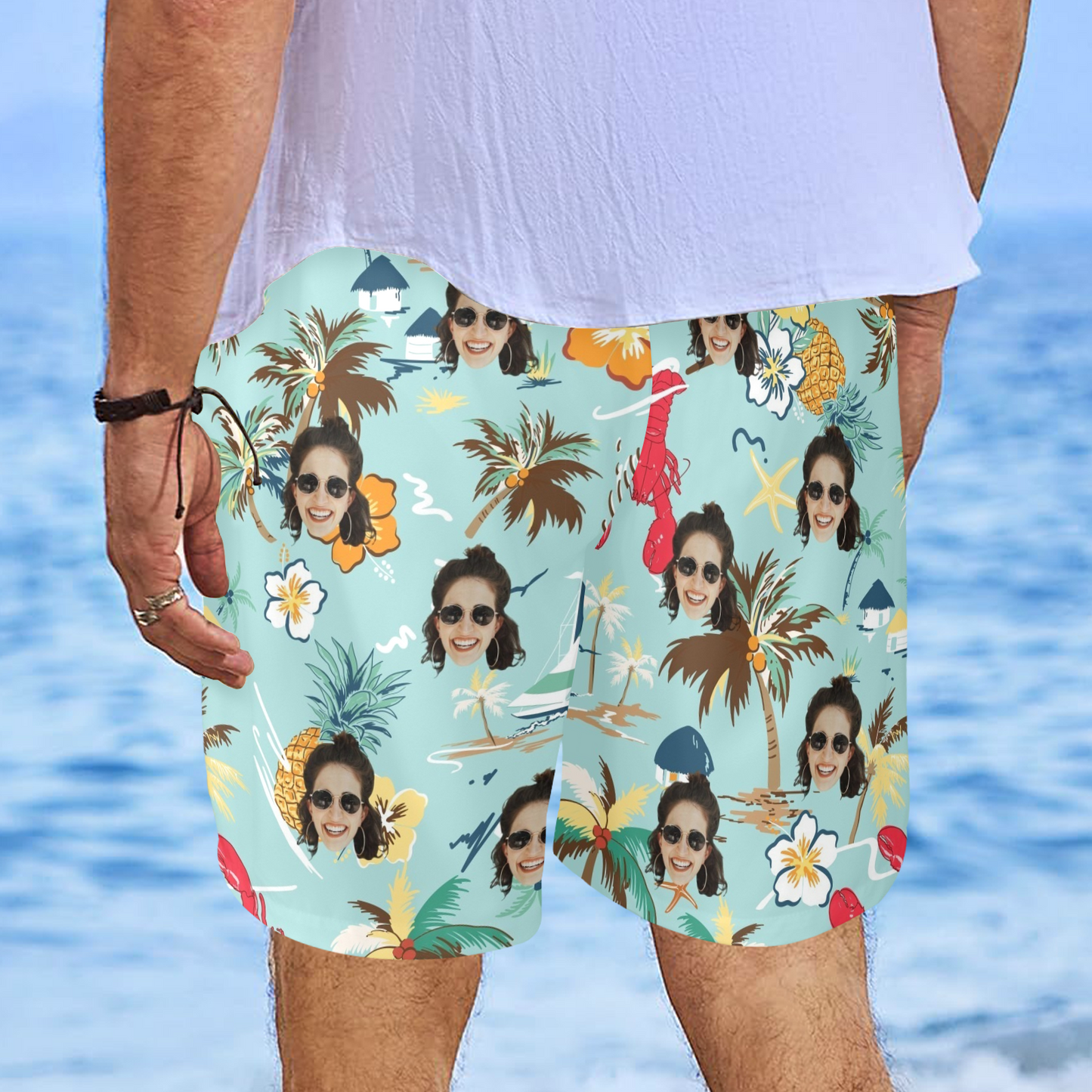 Custom Face Tropical Lobster Beach Shorts | Personalized Photo Men's Elastic Swim Trunks Father's Day Gift