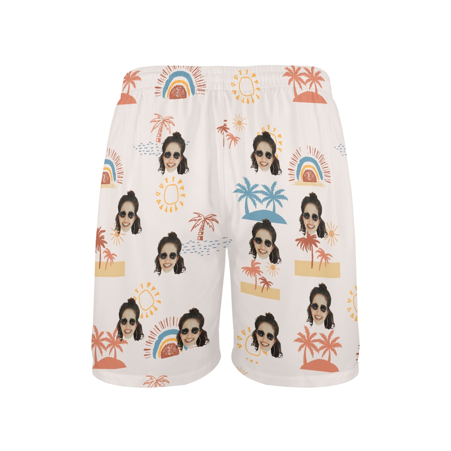 Custom Face Anime Sunset Coconut Breeze Beach Shorts | Personalized Photo Men's Elastic Swim Trunks For Spring/Summer Holiday