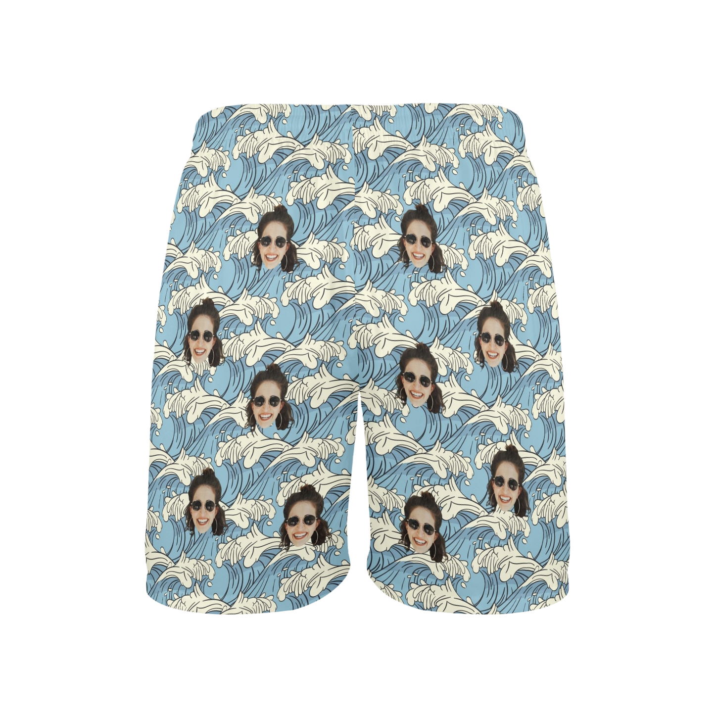 Custom Blue Waves Face Beach Shorts | Personalized Summer Vibes Photo Men's Elastic Swim Trunks