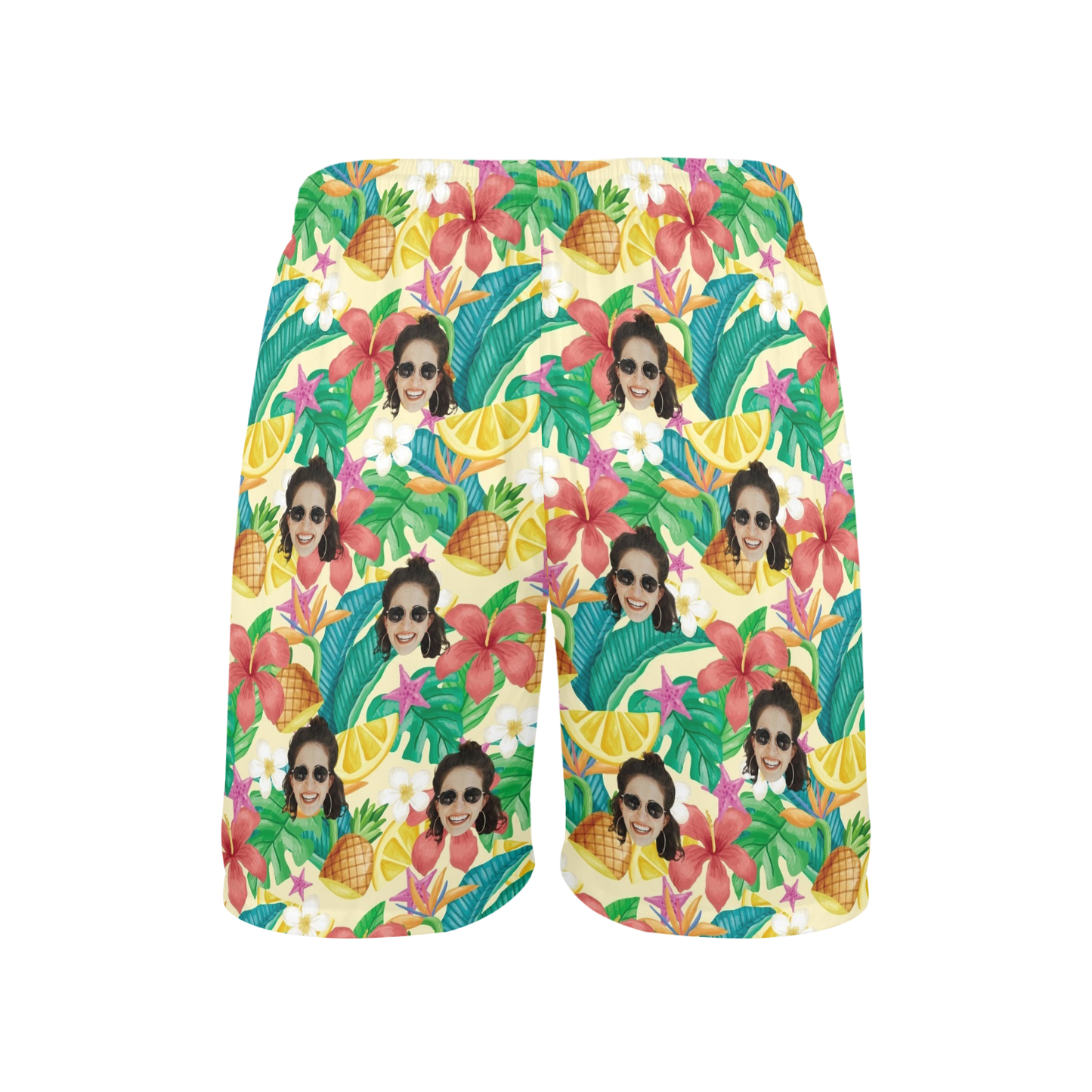 Custom Exotic Flowers & Fruits Face Beach Shorts | Personalized Photo Men's Elastic Swim Trunks For Summer Vacation