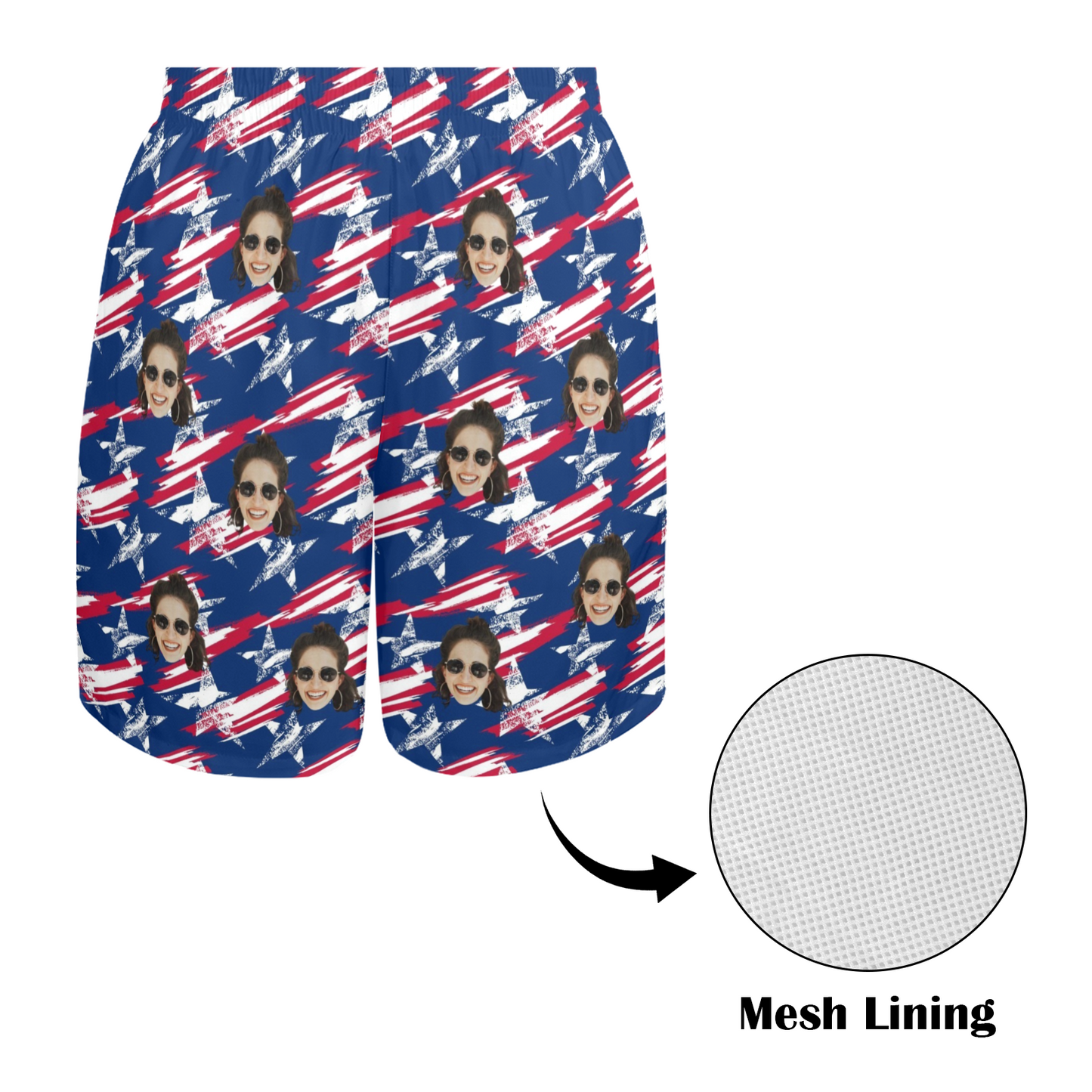 Custom Face Vintage USA Flag Beach Shorts | Personalized Photo Men's Elastic Swim Trunks For 4th Of July