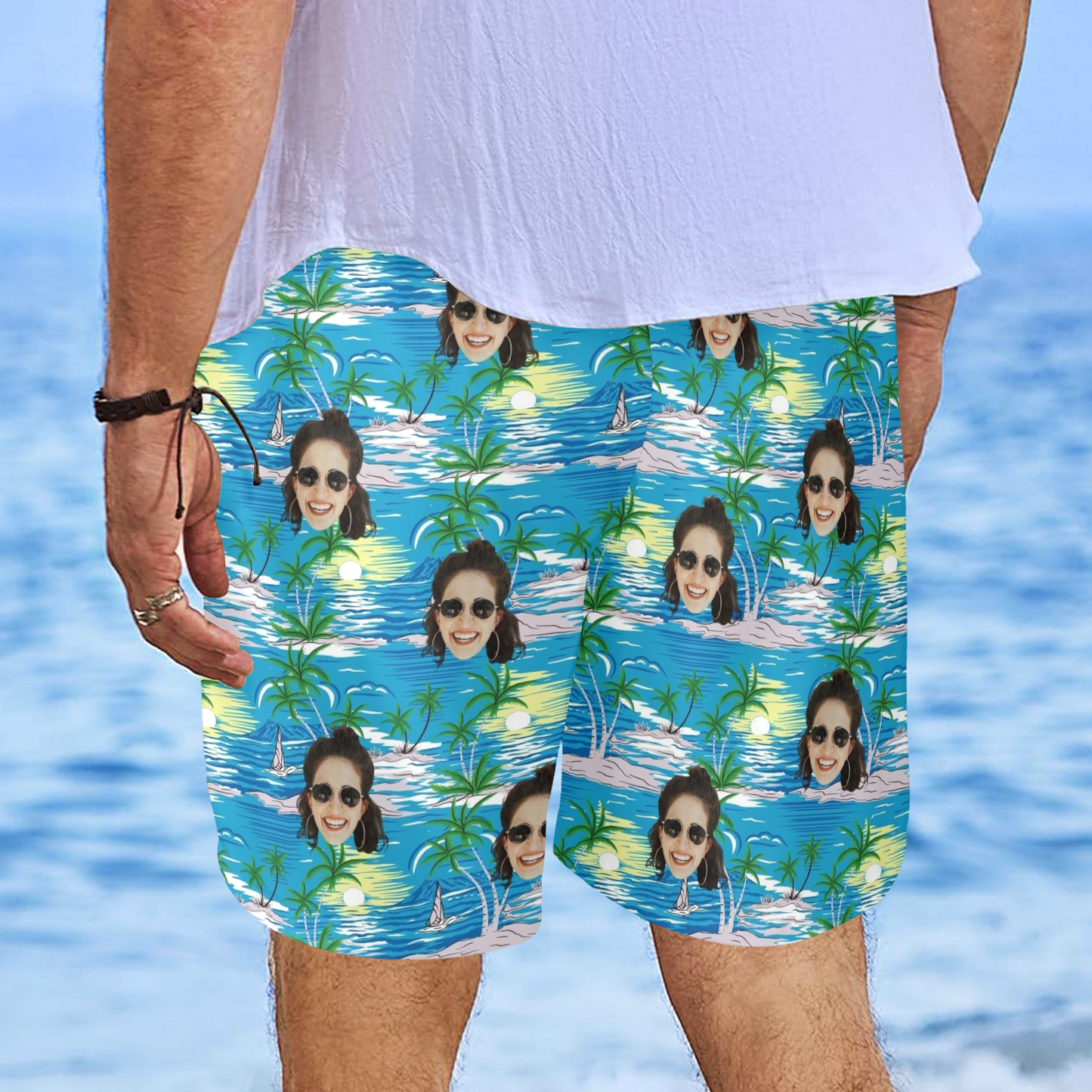 Custom Face Blue Sea And Island Beach Shorts | Personalized Photo Men's Elastic Swim Trunks For Husband