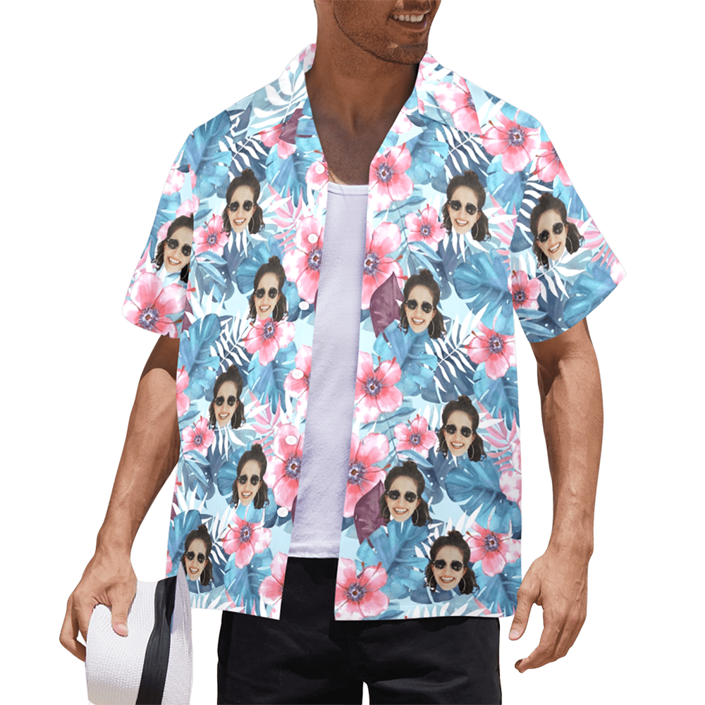 Custom Face Watercolor Printing Flowers Hawaiian Shirt | Personalized Tropical Aloha Shirt Birthday Party Gift
