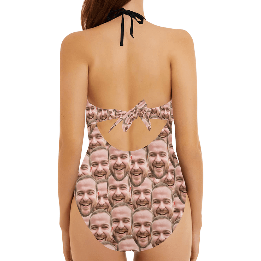 Custom Dense Face Swimsuit | Personalized Women's Backless Bow One Piece Bathing Suit Husband Prank