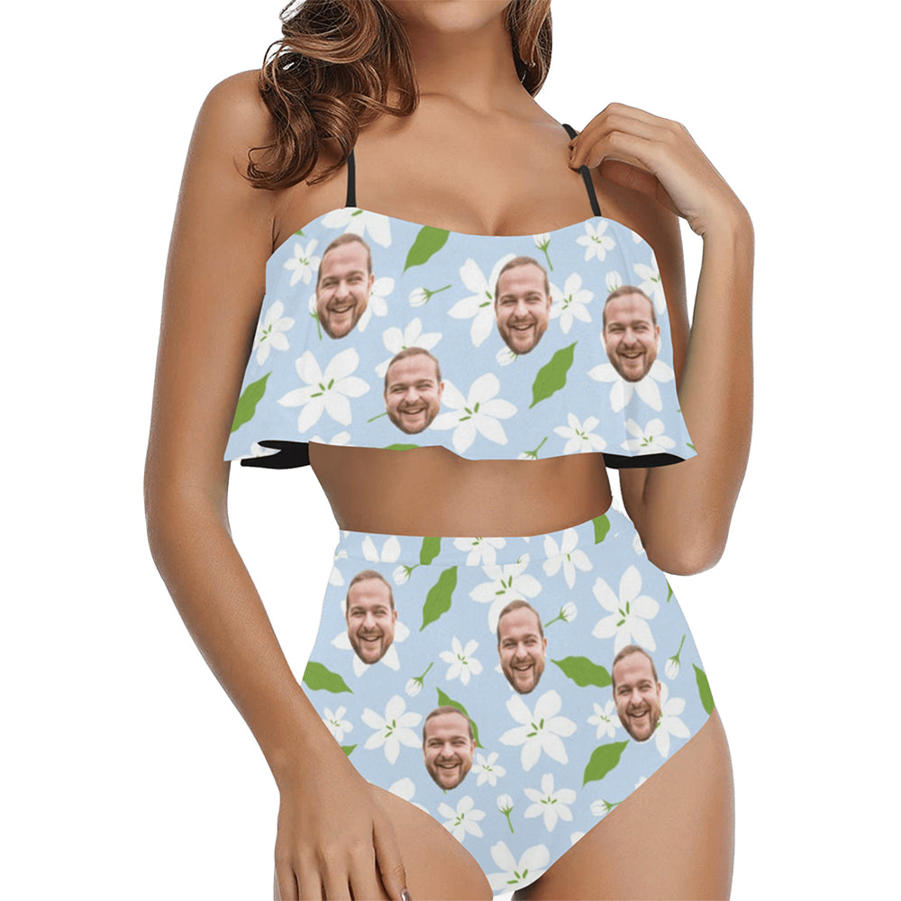 Custom Face Blue Lily Floral Swimsuit | Unique Women's Two Piece High Waisted Ruffle Bikini Beach Outfits For Honeymoon