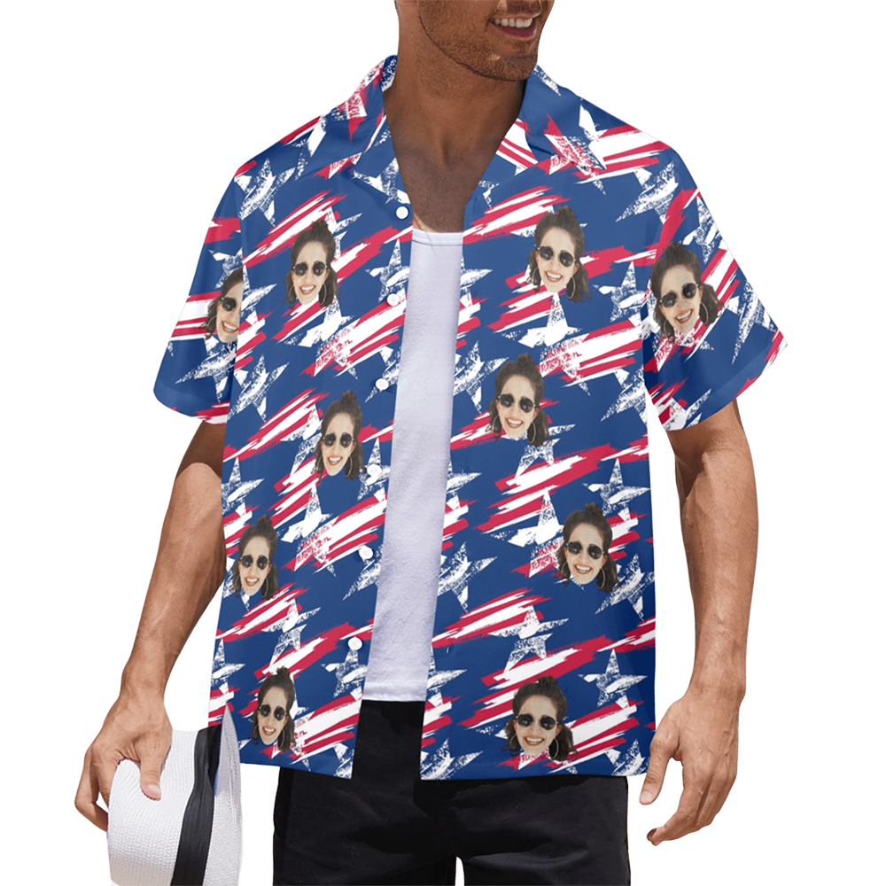 Custom Face Vintage USA Flag Hawaiian Shirt | Personalized Tropical Aloha Shirt Independence Day Party