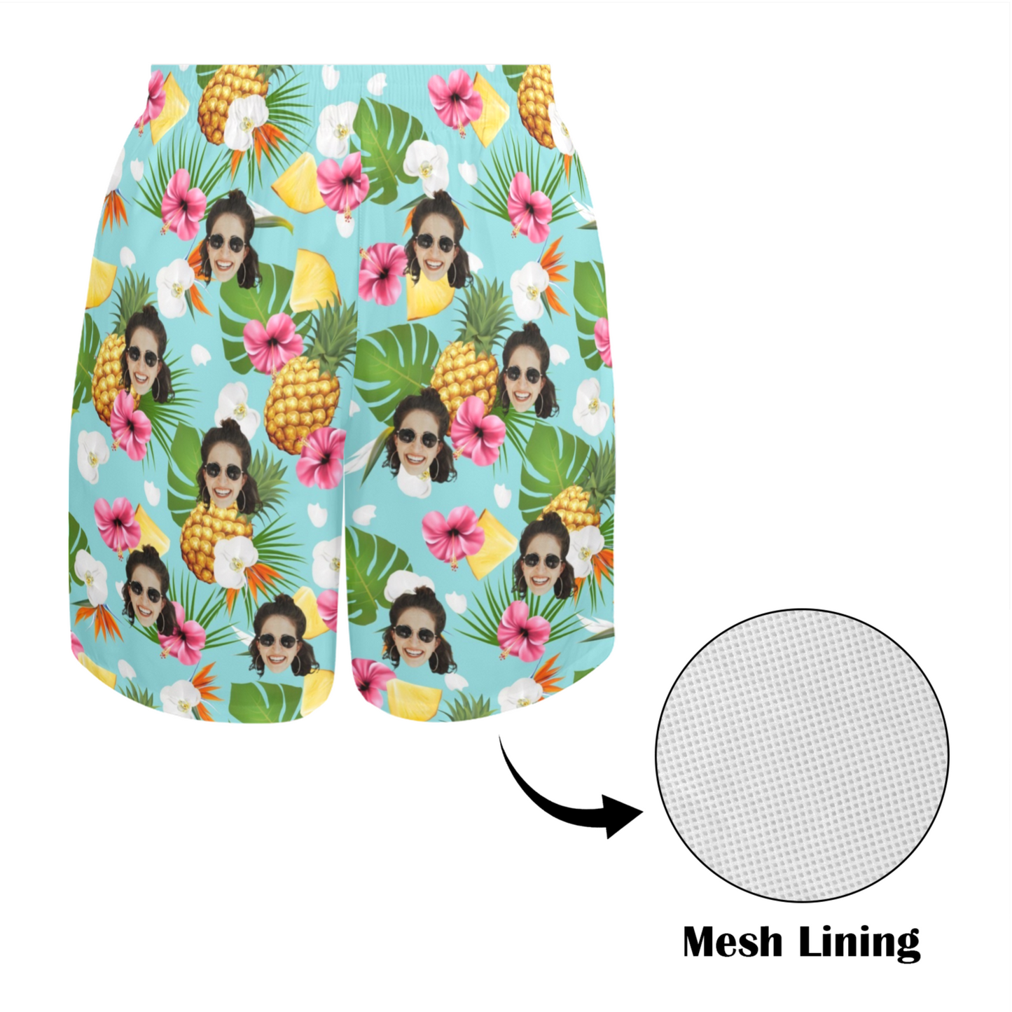 Custom Face Pineapple Flowers Beach Shorts | Personalized Photo Men's Elastic Swim Trunks Anniversary Gift