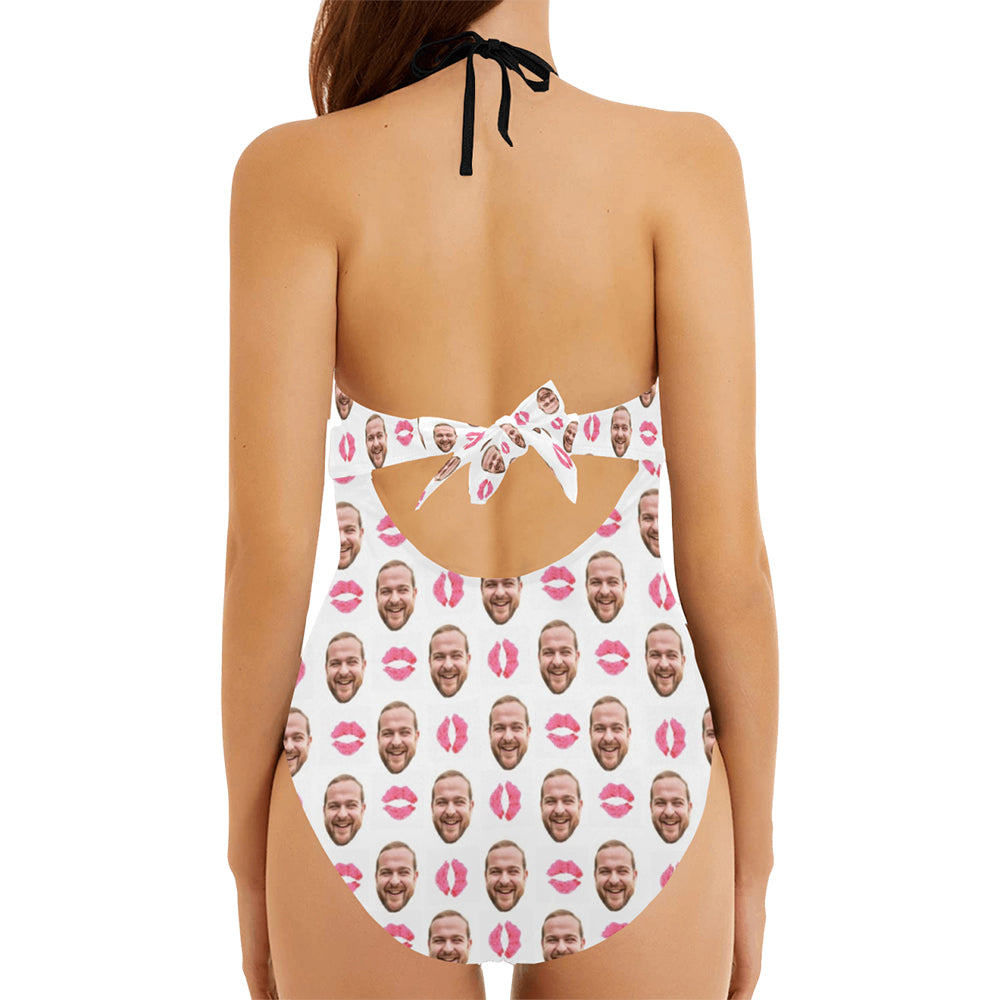 Custom Pink Lip Face Swimsuit | Personalized Women's Backless Bow One Piece Bathing Suit Birthday Gift