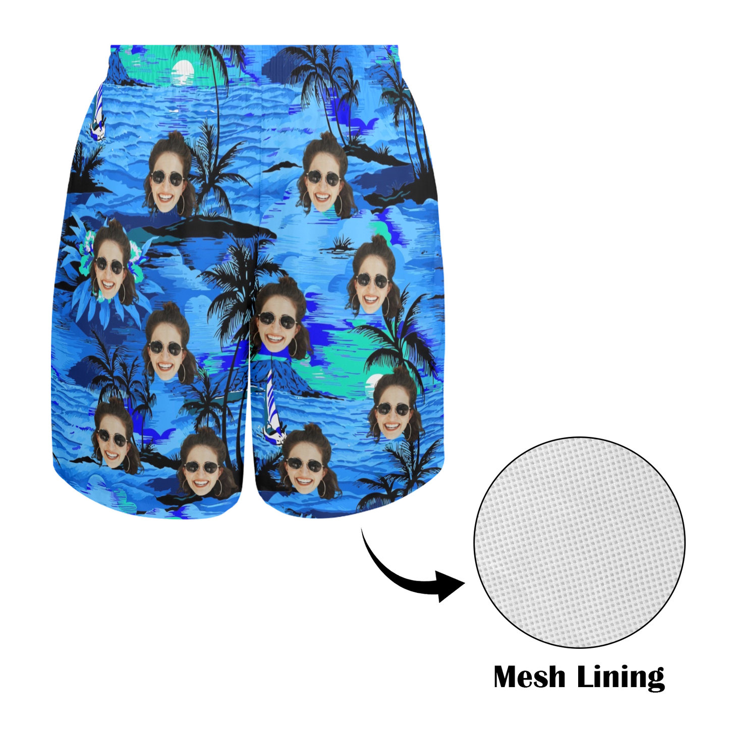 Custom Face Blue Island Beach Shorts | Personalized Photo Men's Elastic Swim Trunks For Vacation