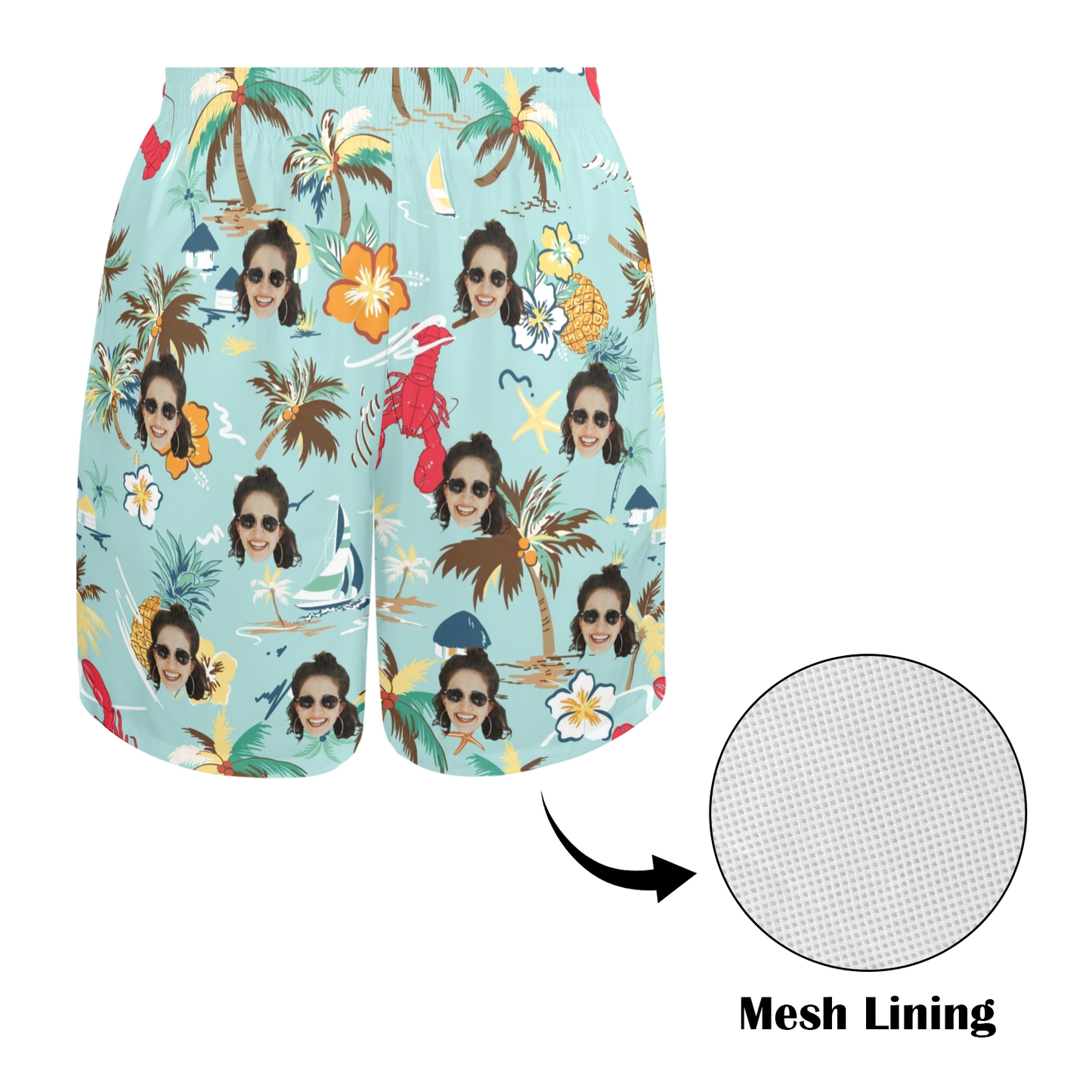 Custom Face Tropical Lobster Beach Shorts | Personalized Photo Men's Elastic Swim Trunks Father's Day Gift