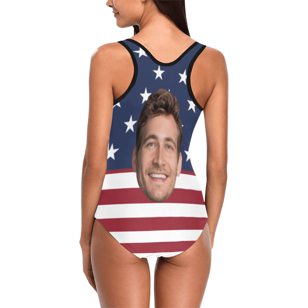 Custom American Flag Face Swimsuit | Unique Women's Tank Top One Piece Bathing Suit Holiday Party