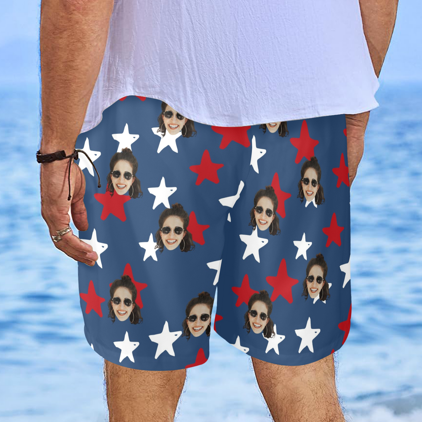 Custom Flag Stars Face Beach Shorts | Personalized Photo Men's Elastic Swim Trunks 4th Of July
