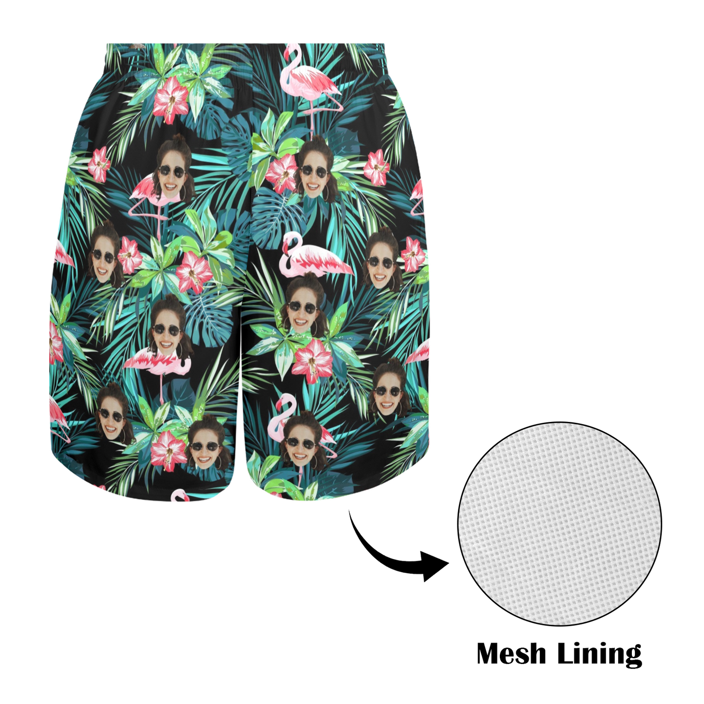 Custom Face Flamingo Beach Shorts | Personalized Photo Men's Elastic Swim Trunks For Summer Vacation