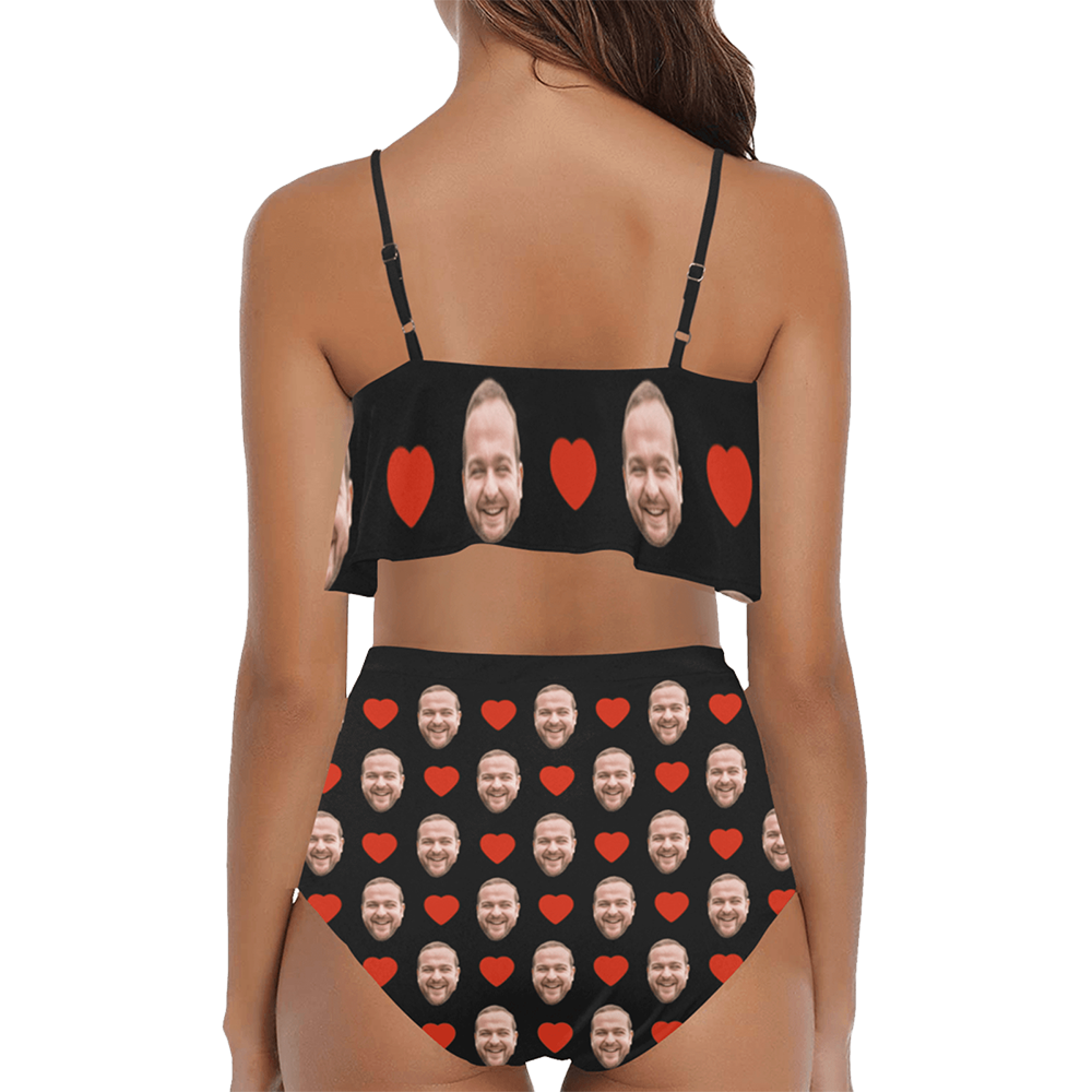Custom Red Heart Face Swimsuit | Unique Women's Two Piece High Waisted Ruffle Bikini Pool Outfits
