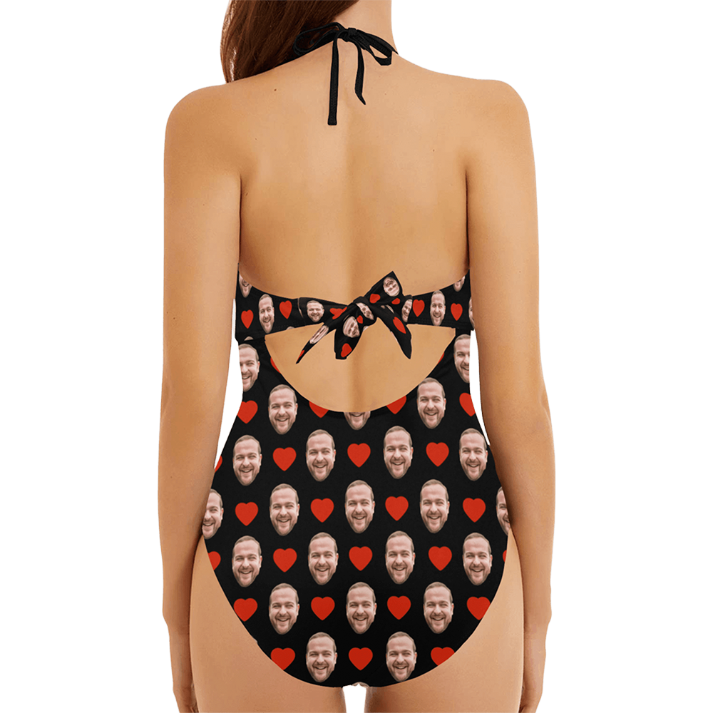 Custom Heart Face Swimsuit | Personalized Women's Backless Bow One Piece Bathing Suit Party Gift