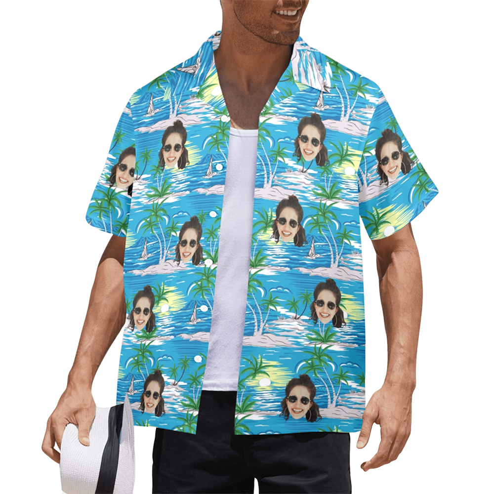Custom Face Blue Sea&Island Hawaiian Shirt | Personalized Tropical Aloha Shirt For Vacation/Holiday