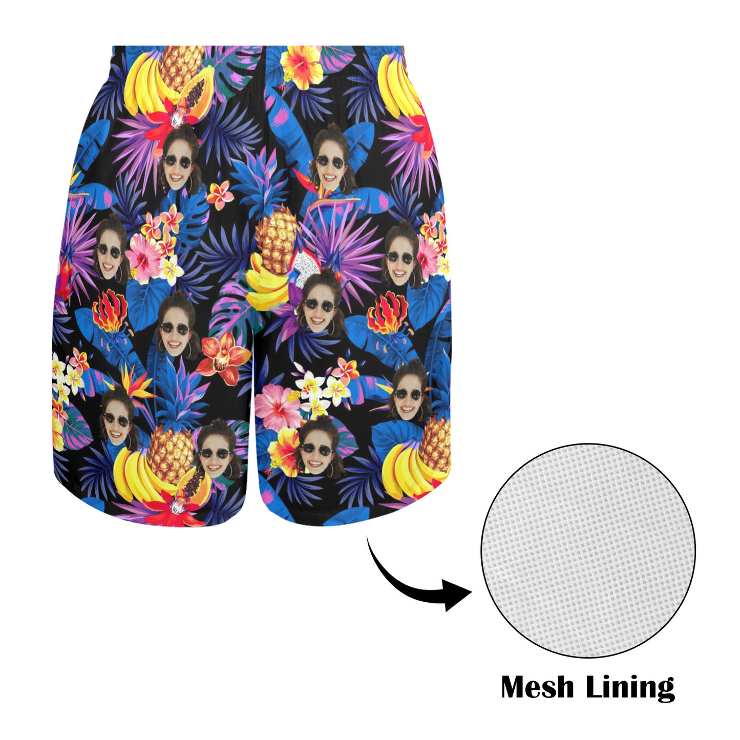 Custom Face Tropical Fruit Beach Shorts | Personalized Photo Men's Elastic Swim Trunks For Holiday Traveling