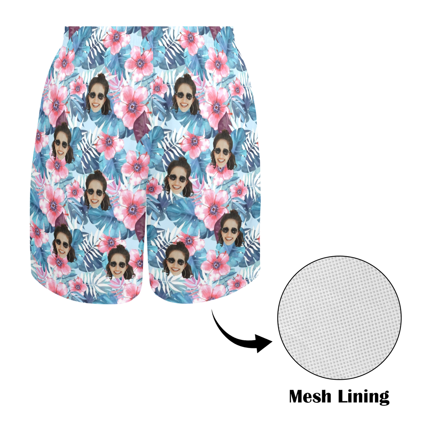 Custom Face Blue Leaves Beach Shorts | Personalized Photo Men's Elastic Swim Trunks For Boat Trip