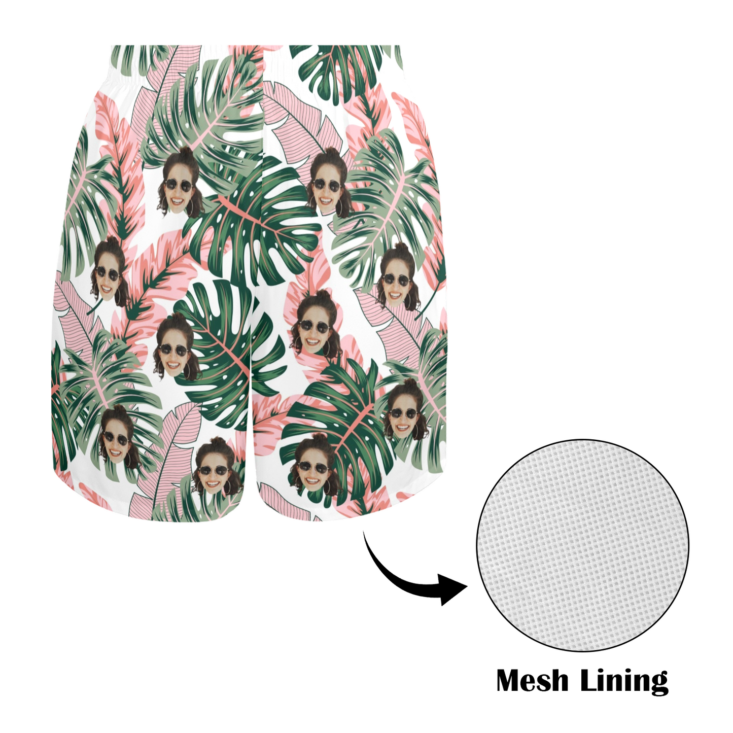 Custom Face Pink Plantain Leaves Beach Shorts | Personalized Photo Men's Elastic Swim Trunks Vacation Party Gift