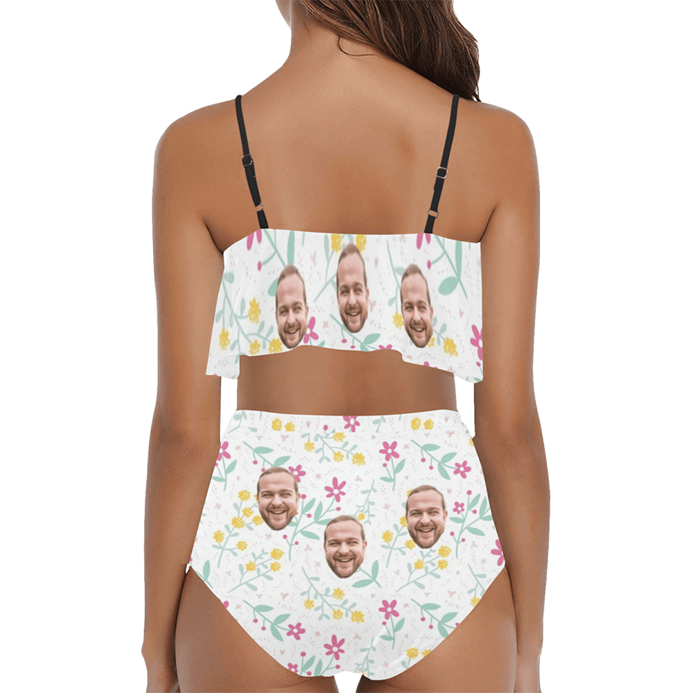Custom Face Flower Swimsuit | Unique Women's Two Piece High Waisted Ruffle Bikini Holiday Party