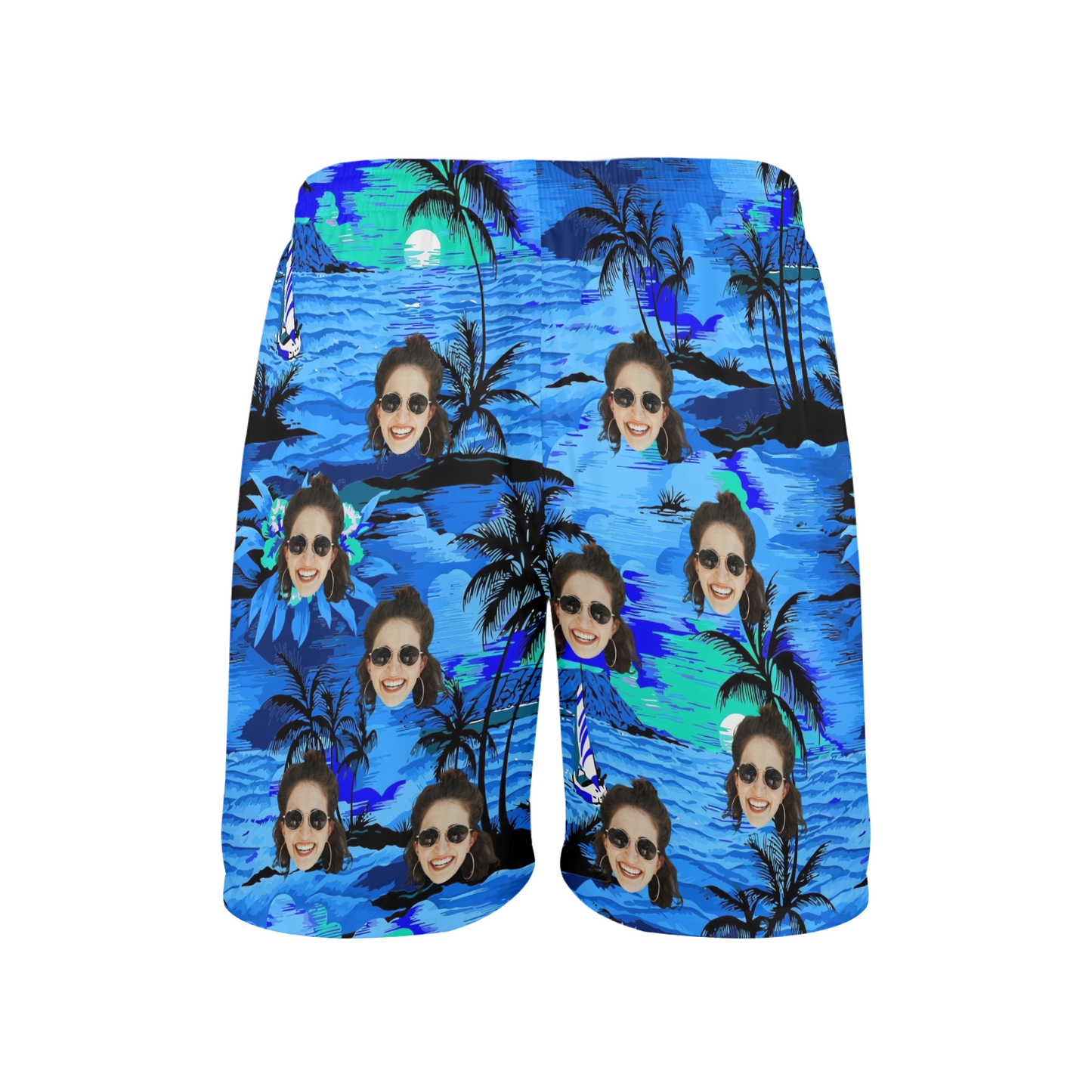 Custom Face Blue Island Beach Shorts | Personalized Photo Men's Elastic Swim Trunks For Vacation
