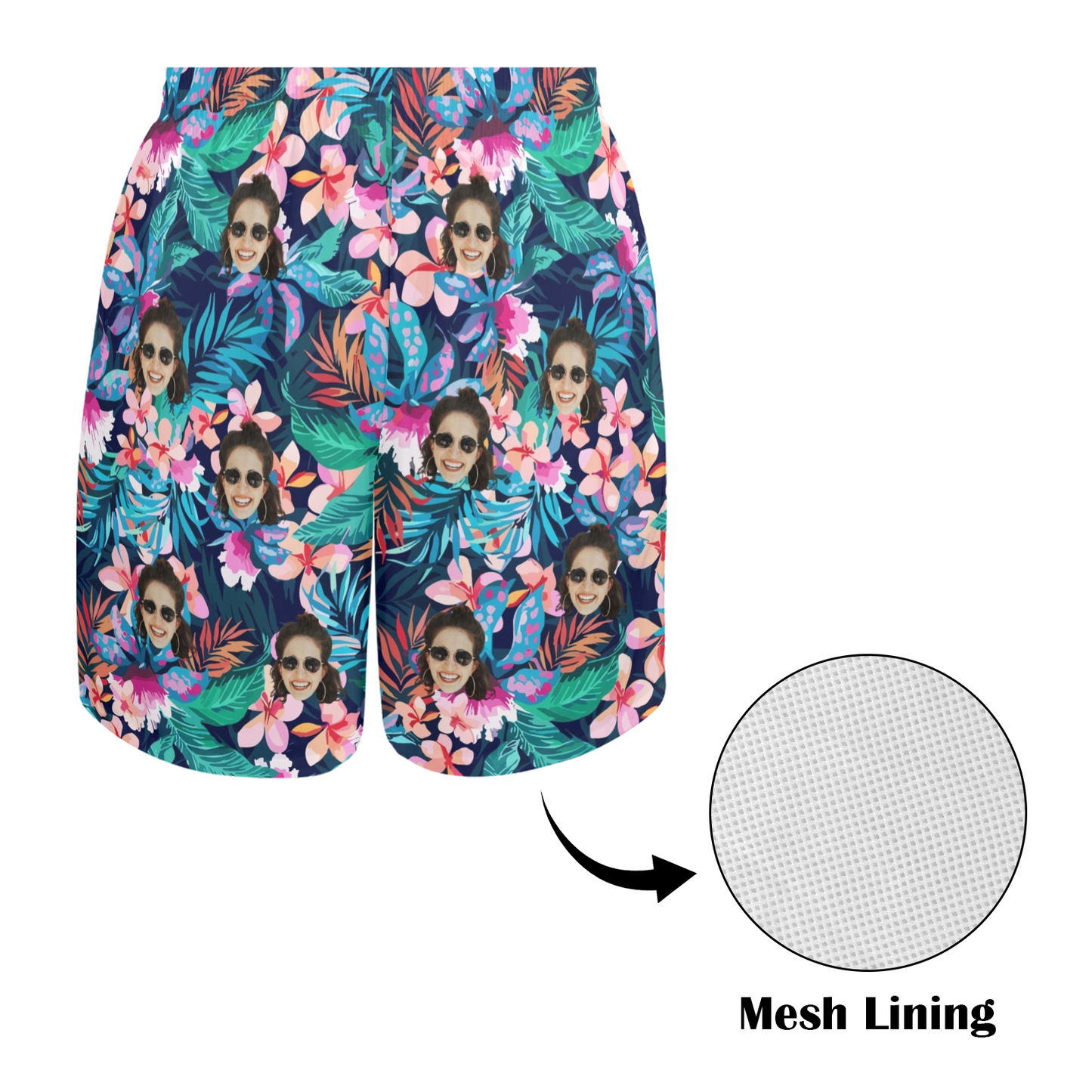 Custom Face Sea Flower Beach Shorts | Personalized Photo Men's Elastic Swim Trunks Vacation Party