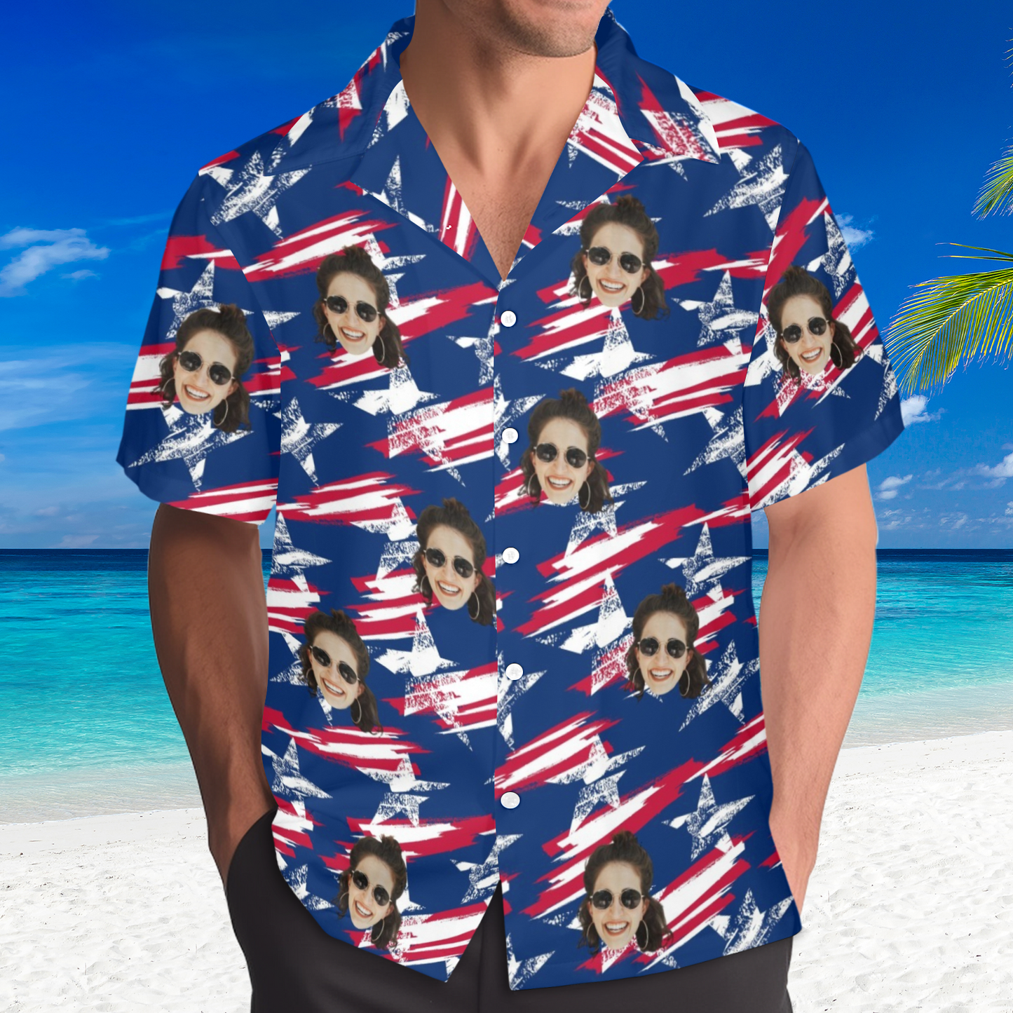 Custom Face Vintage USA Flag Hawaiian Shirt | Personalized Tropical Aloha Shirt Independence Day Party