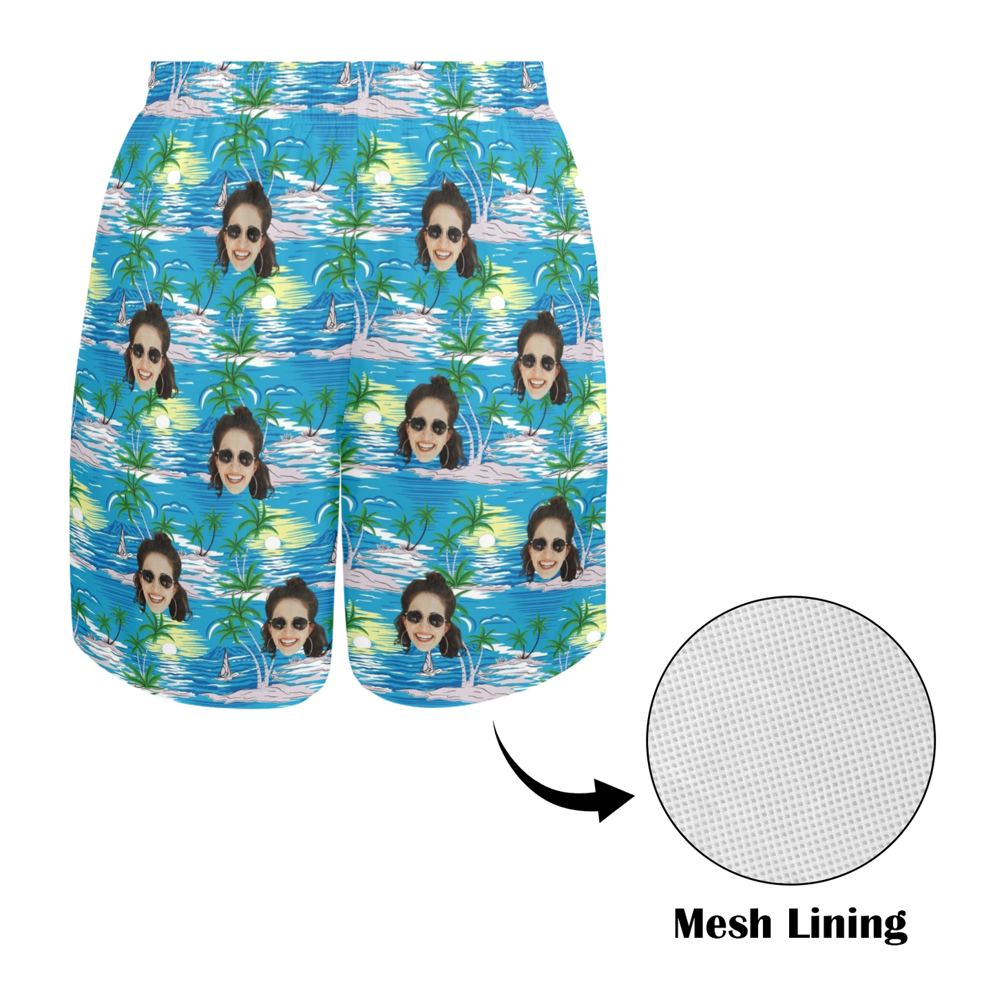Custom Face Blue Sea And Island Beach Shorts | Personalized Photo Men's Elastic Swim Trunks For Husband
