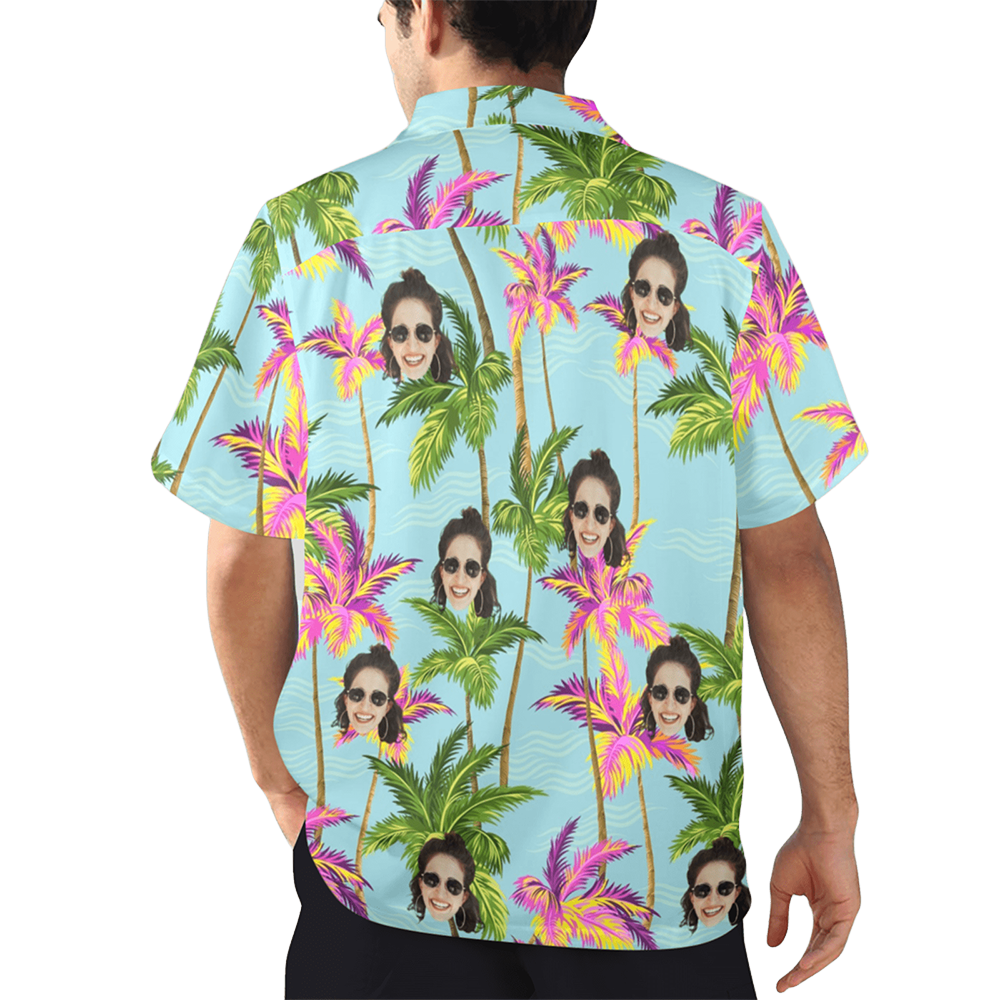 Custom Face Purple&Green Coconut Tree Hawaiian Shirt | Personalized Tropical Aloha Shirt For Float Trip